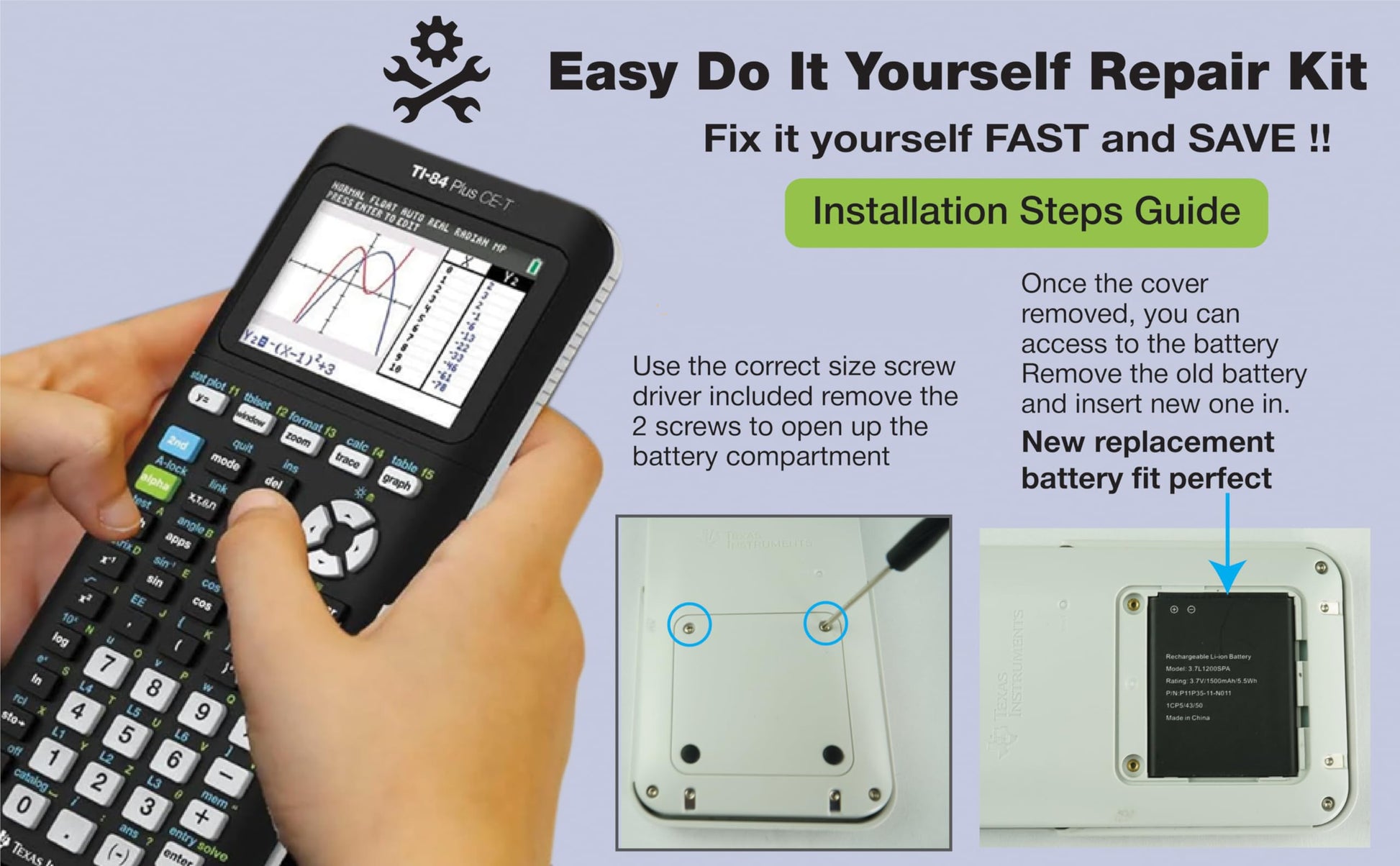 TI-84 Plus CE Battery Replacement Fit Texas Instruments TI-84 Plus CE C Graphing Calculator, TI NSpire CX/CX II/CX CAS, P11P35-11-N01 & 3.7L12005SPA Battery, Fix Dead Power Issue & Error Validating OS