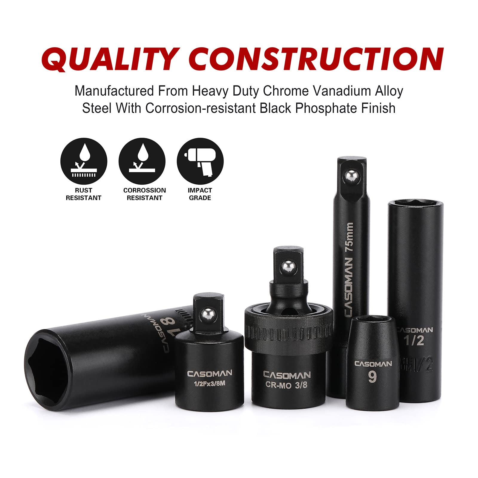 CASOMAN 3/8" Drive Impact Socket Set, 49 Piece Standard SAE and Metric Sizes (5/16-Inch to 3/4-Inch and 8-22 mm), 6 Point, Cr-V Steel Socket Set