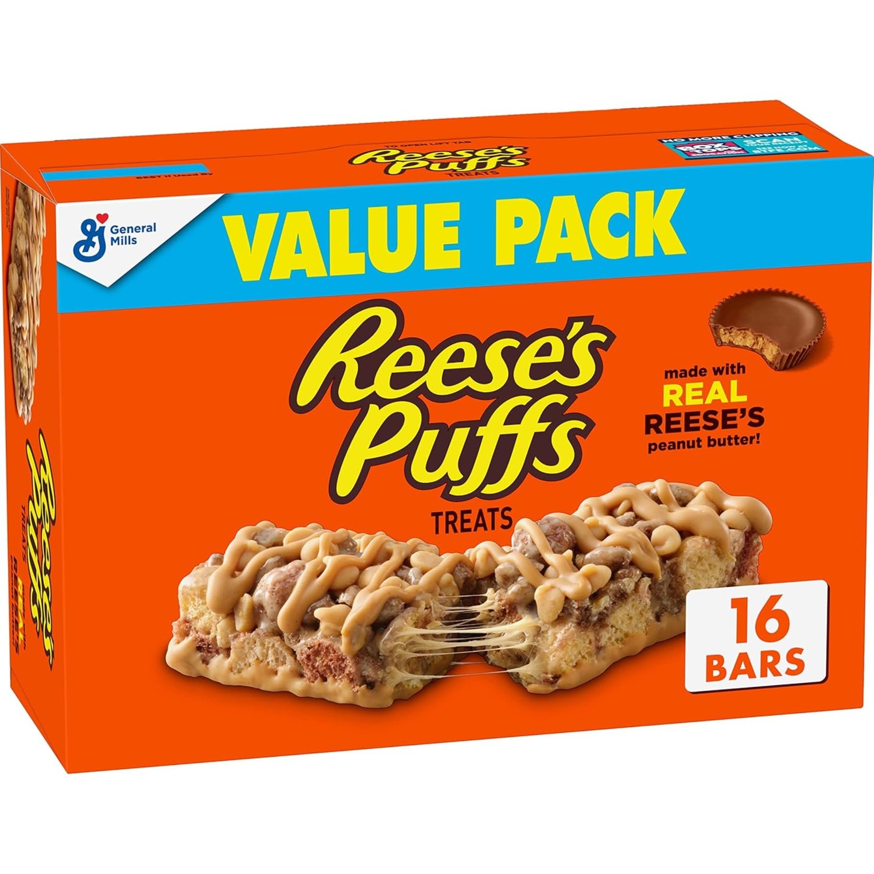 REESE'S Puffs Cereal Treat Bars, Peanut Butter and Cocoa, Snack Bars, Value Pack, 16 Ct, 13.6 oz