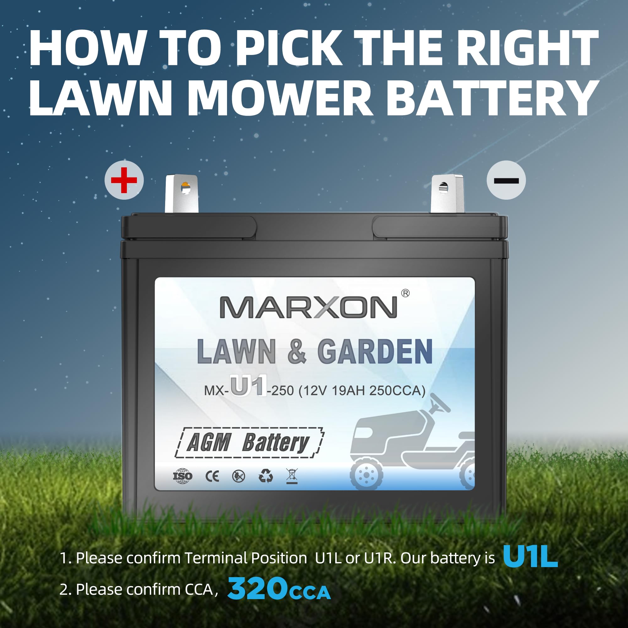 Marxon U1 320CCA Riding Lawn Mower Batteries, Garden Tractors Battery Maintenance Free AGM Battery, Compatible with Troy-Bilt, John Deere, Toro, Cub Cadet, Craftsman, Ariens Poulan Pro Massey Ferguson