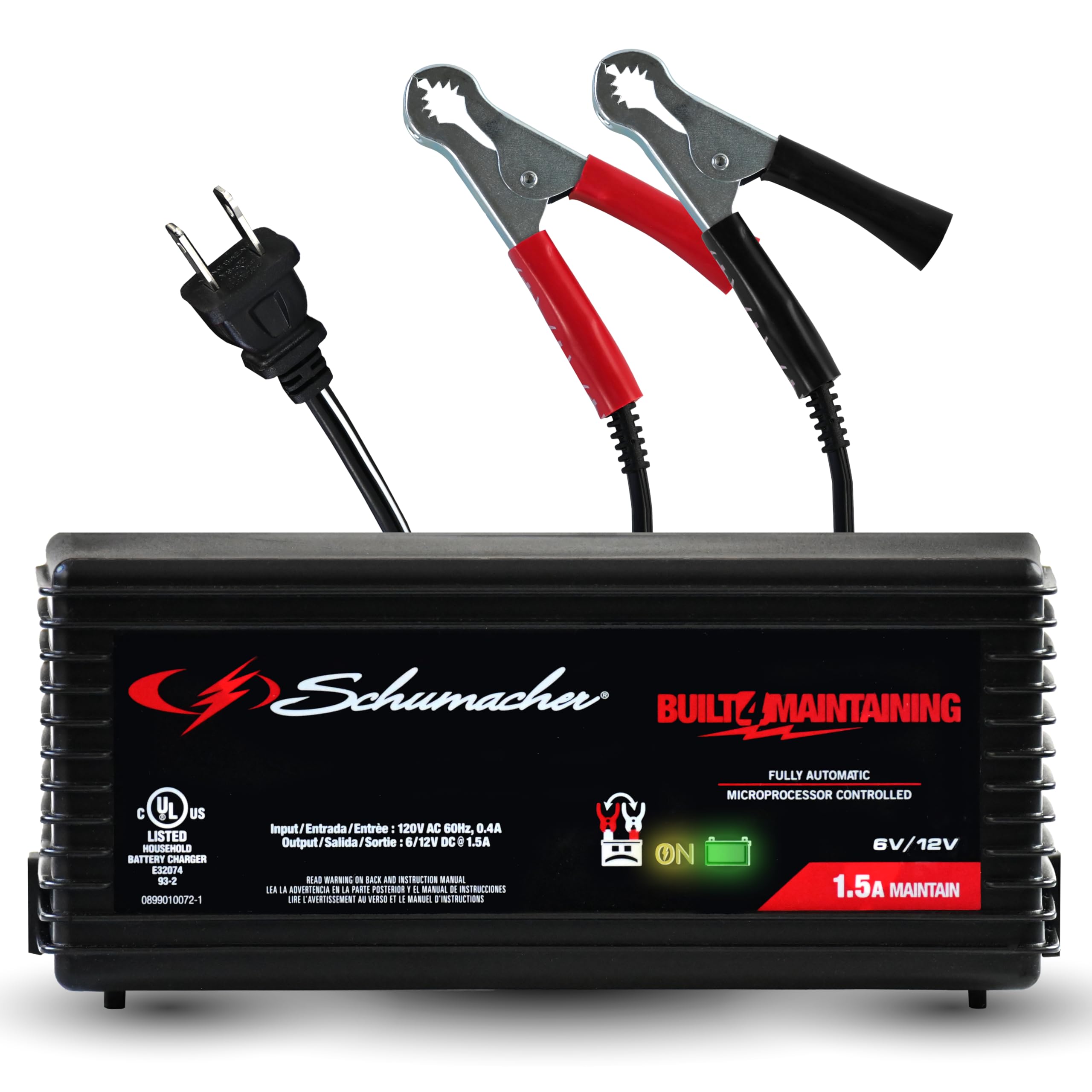 Schumacher Electric Battery Charger and Maintainer, SC1355, 3-in-1, Fully Automatic, 1.5 Amps, 6 Volt and 12 Volt, for Motorcycle, Power Sport, Car, and Marine Batteries