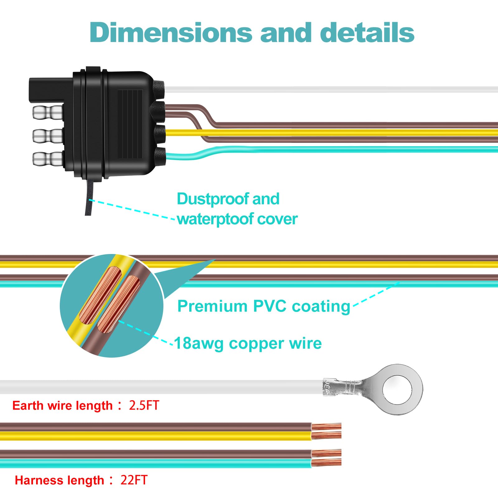 ATQYZLM 22FT 4 Pin 5 Wire Trailer Wiring Harness Protected by Nylon Net Tube, Utility Pure Copper Boat Trailer Wiring Kit for Trailer Tail Light Rewiring, Waterproof 4 Pin 5 Wire Trailer Connector