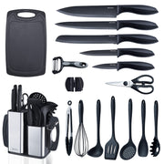 RAXCO Kitchen Utensils Set,18-Piece Cooking Tools and Sharp Knives,Stainless Steel Holder and Cutting Board