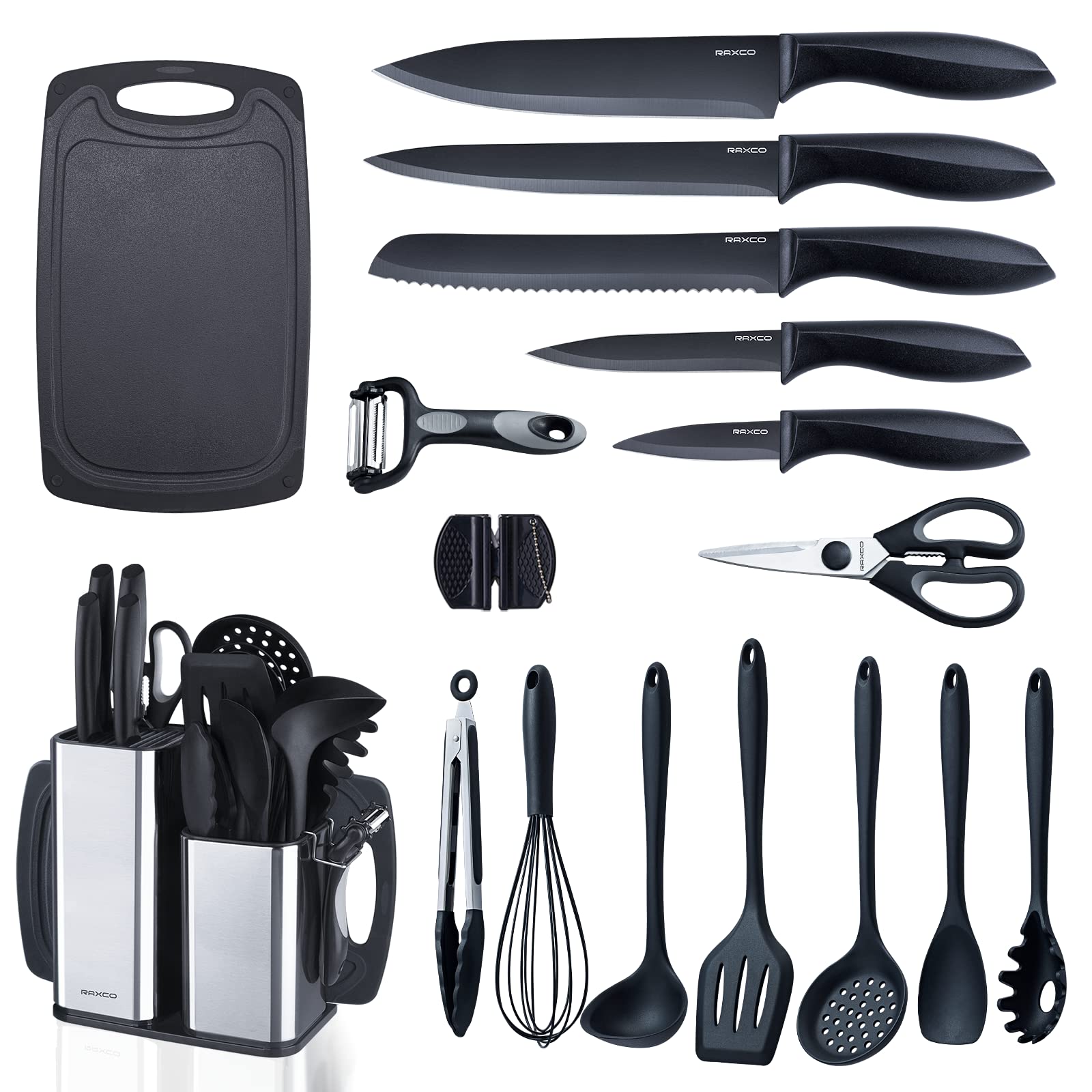 RAXCO Kitchen Utensils Set,18-Piece Cooking Tools and Sharp Knives,Stainless Steel Holder and Cutting Board