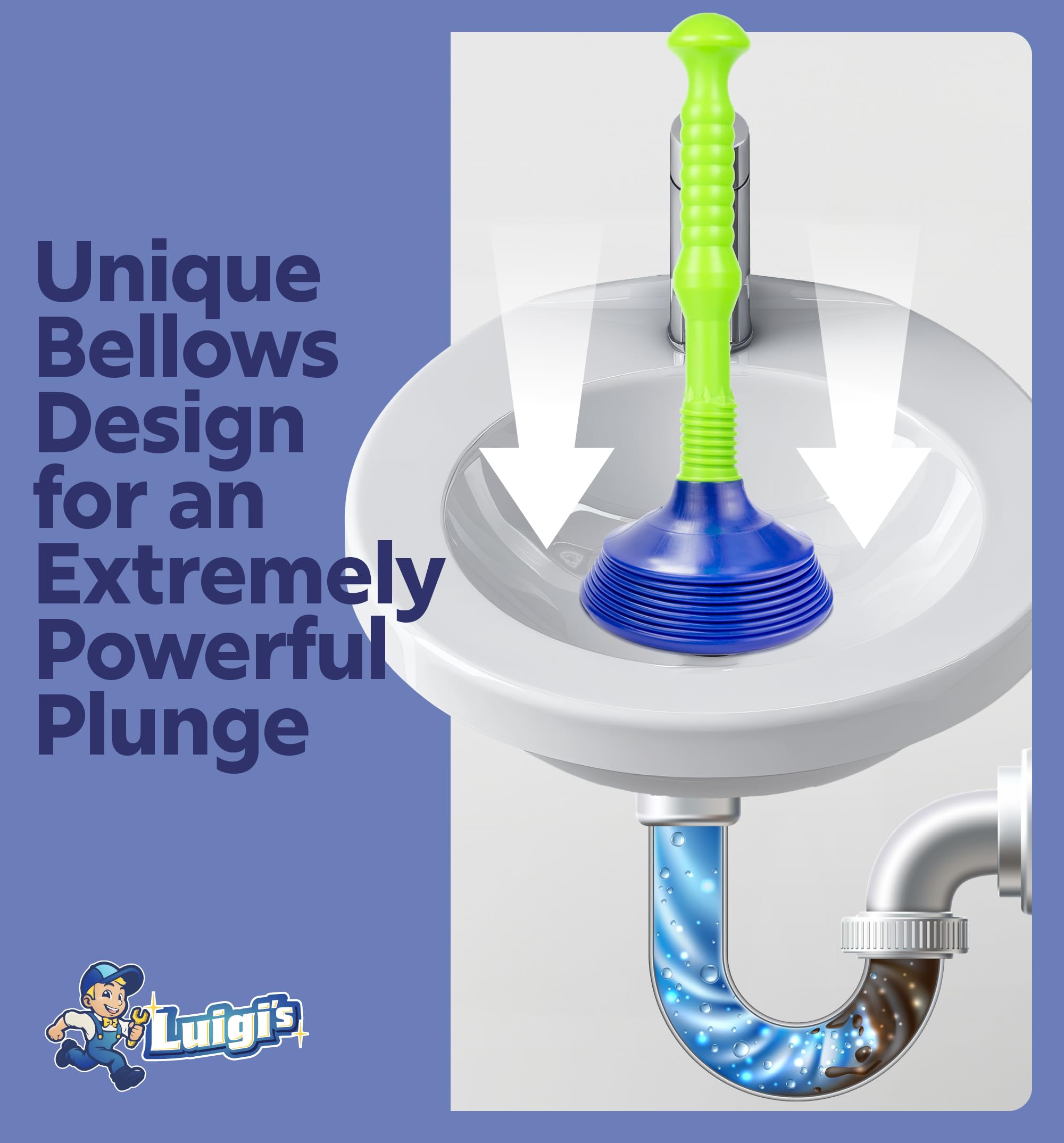 Luigi's Sink Plunger Kitchen - Sink Plunger Bathroom - Drain Bathtub or Shower - Small and Powerful Clog Remover - Commercial Style "Plumbers Plungers" with Large Bellows