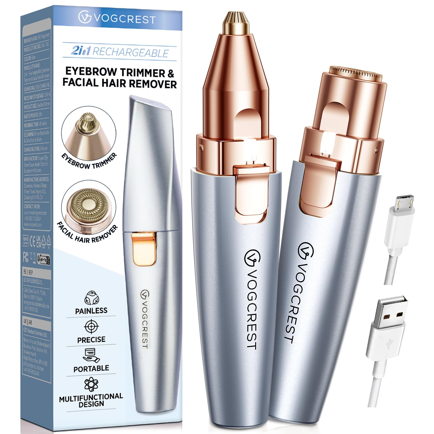 VG VOGCREST Eyebrow Facial Trimmer: 2 in1 Rechargeable Facial Hair Removal and Eyebrow Shaver - Face Lips Body Painless Facial Razor with Built-in LED Light (Rose Gold)