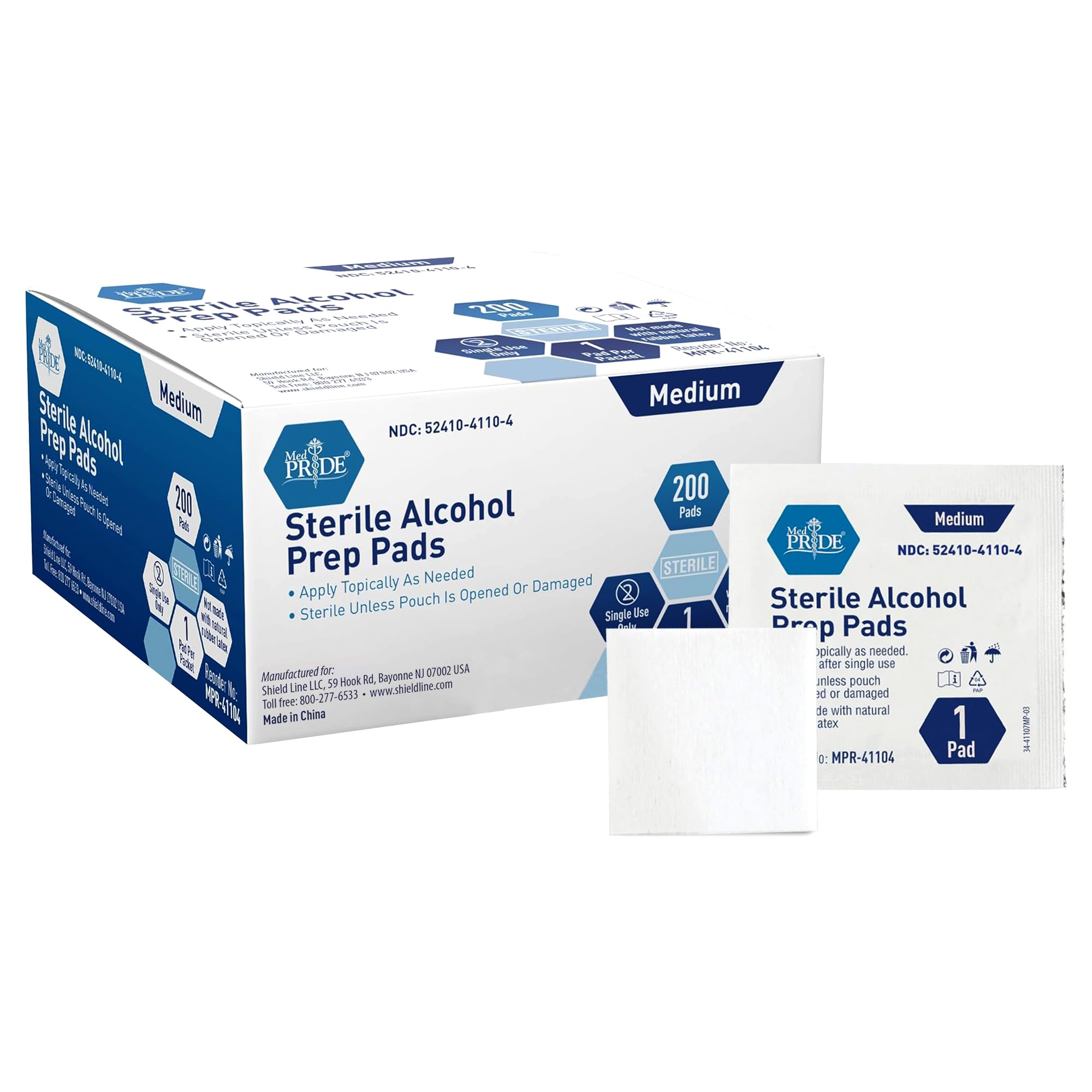 MED PRIDE Sterile Alcohol Prep Pads, Antiseptic, 70% Isopropyl, Individually Wrapped, Medical Grade 2 Ply Wipes (200 Count (Pack of 1) White)