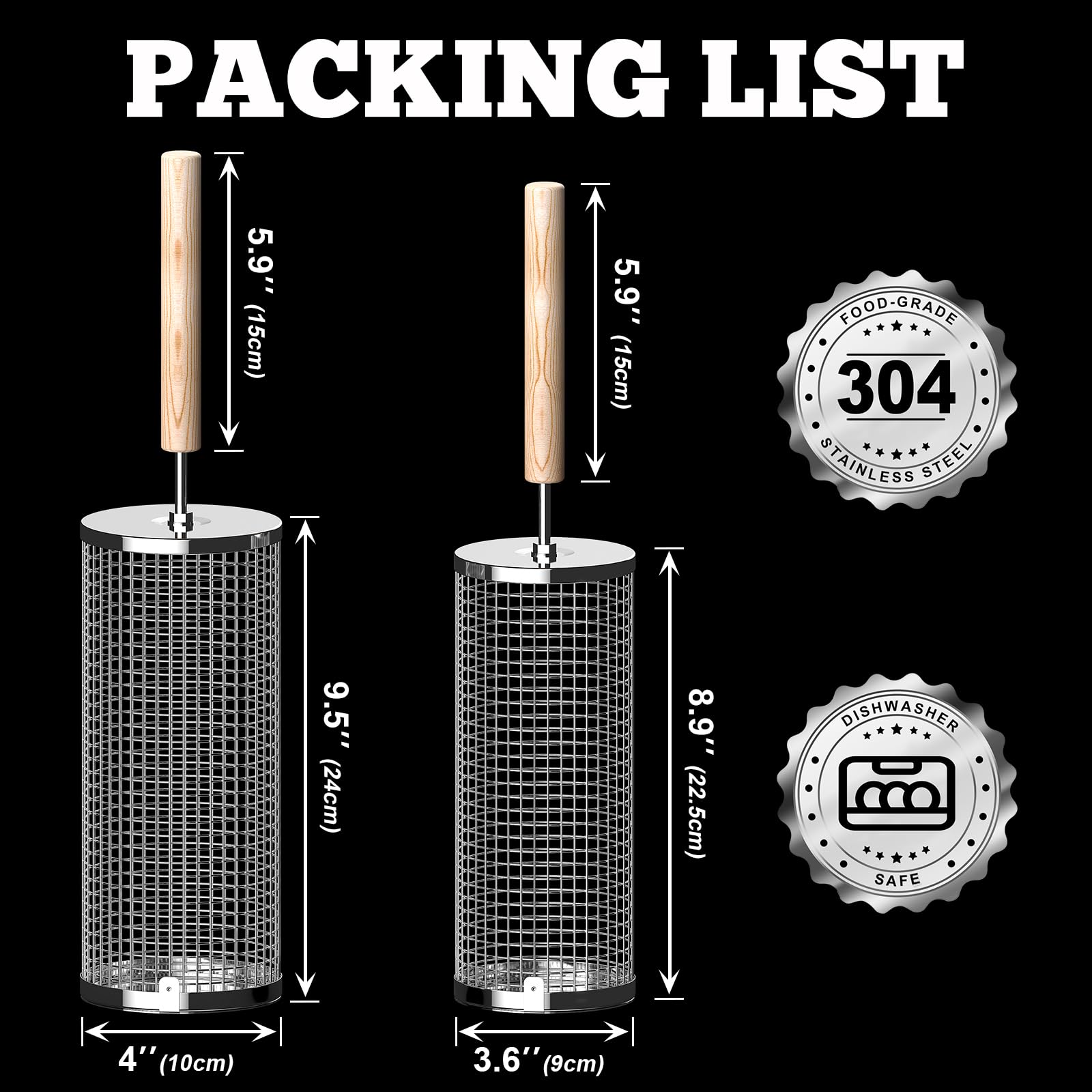 ivtivfu Rolling Grill Basket, Removable Wooden Handle, 304 Stainless Steel, Nesting BBQ Tools, Smoker Grilling Accessories for Vegetable, Outdoor Cooking Camping, Birthday Gifts for Men Dad Husband