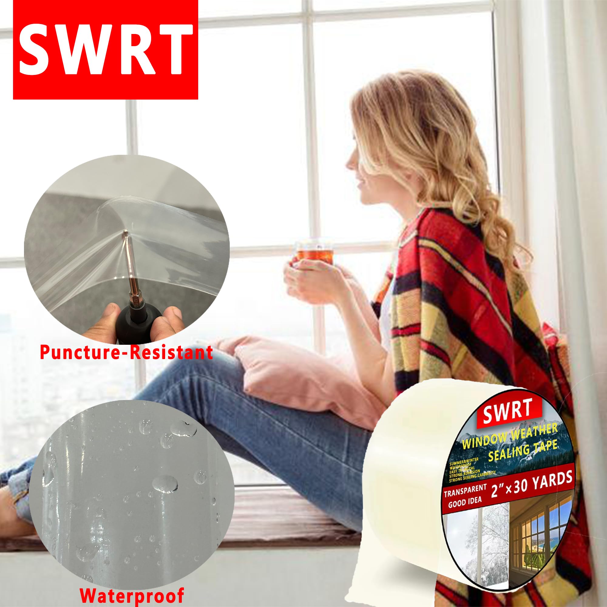 SWRT 2”x30yd/90ft Transparent Window Weather Sealing Tape, No Residue Window Insulation for Winter, Preventing Cold Air Loss in Summer Door and Window Seal Kit