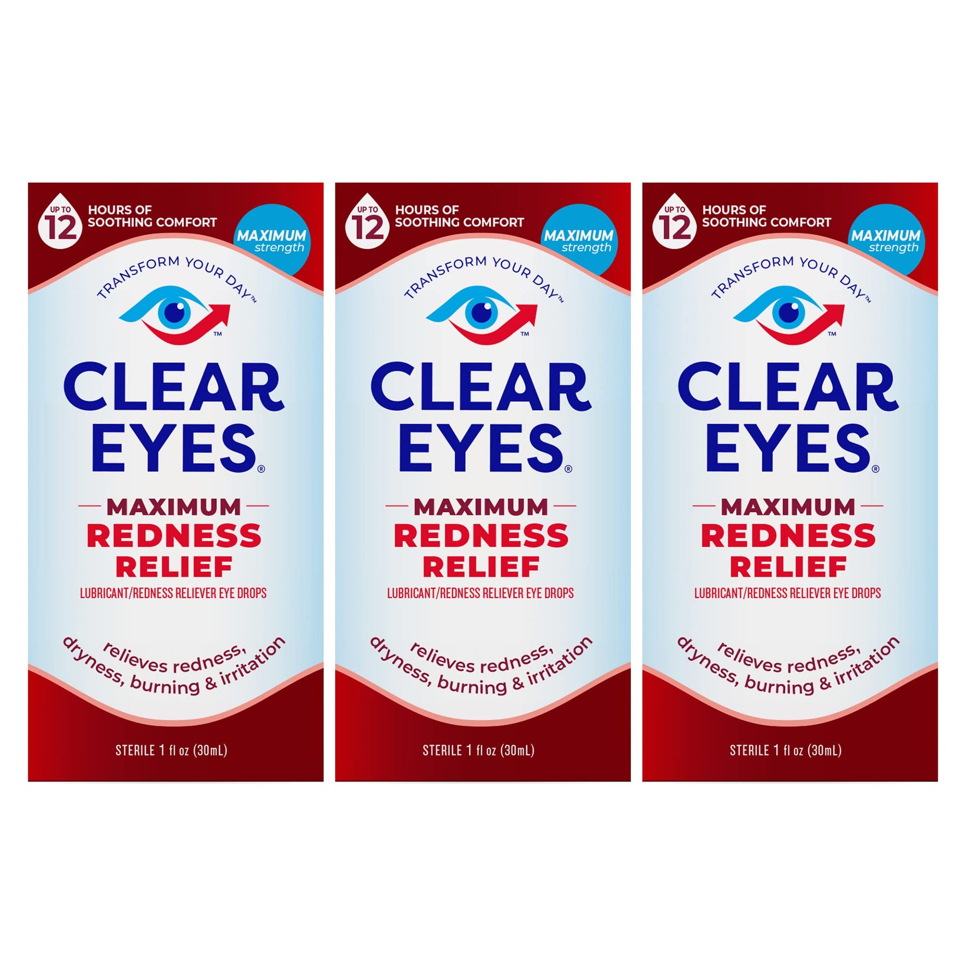Clear Eyes Maximum Redness Eye Relief Lubricant Eye Drops, 1 fl oz, 3 Pack
