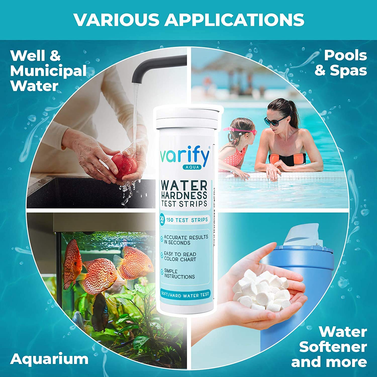 Varify Water Hardness Test Kit - Water Testing Kit for Home, Drinking, Well, Spa, Swimming Pool, Softener, Dishwasher & More - Hard Water Test Strips for Calcium, Magnesium etc (0-425 pmm, 150 Strips)