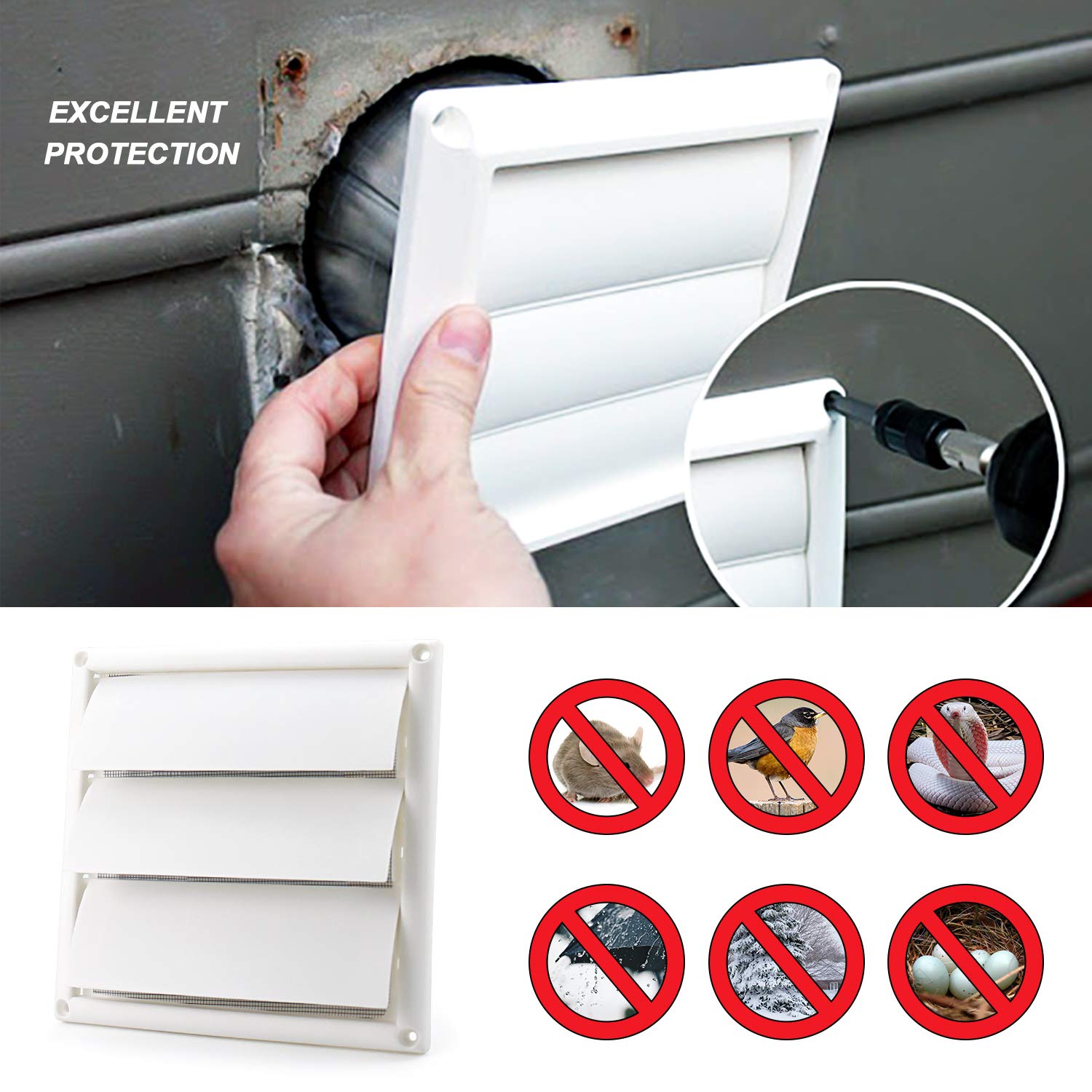 Funmit 6" Louvered Vent Cover 8" x 8" Oversize Outside Dimensions for Exterior Wall Vent Hood Outlet Airflow Vent Dryer Air Vent (White)