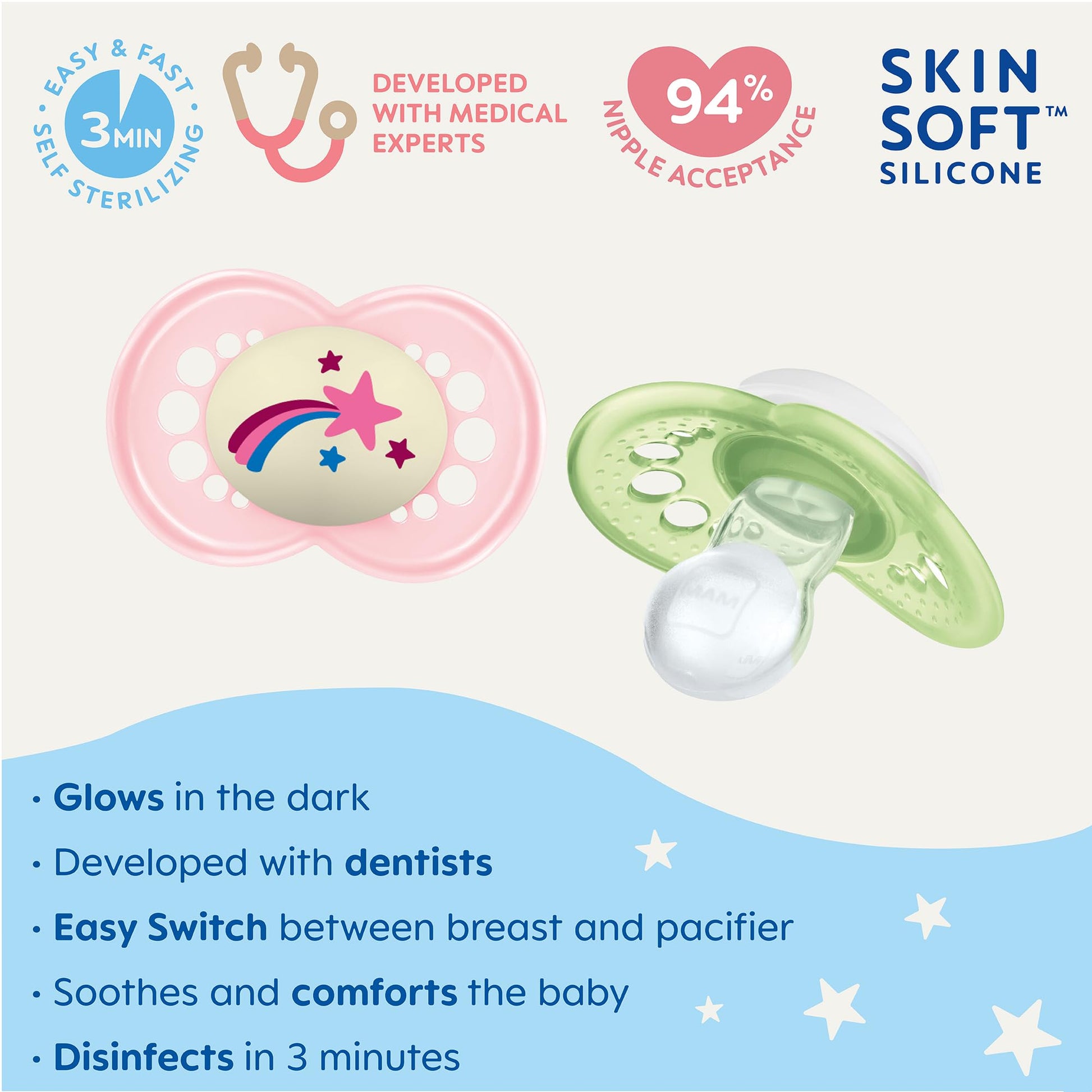 MAM Original Night Pacifiers, Binky Pacifier for 6-16 Months, BPA-Free Silicone, Glows in The Dark, Best for Newborn Babies, Developed with Medical Experts, 2 Count Binkies, with Sterilizer Case