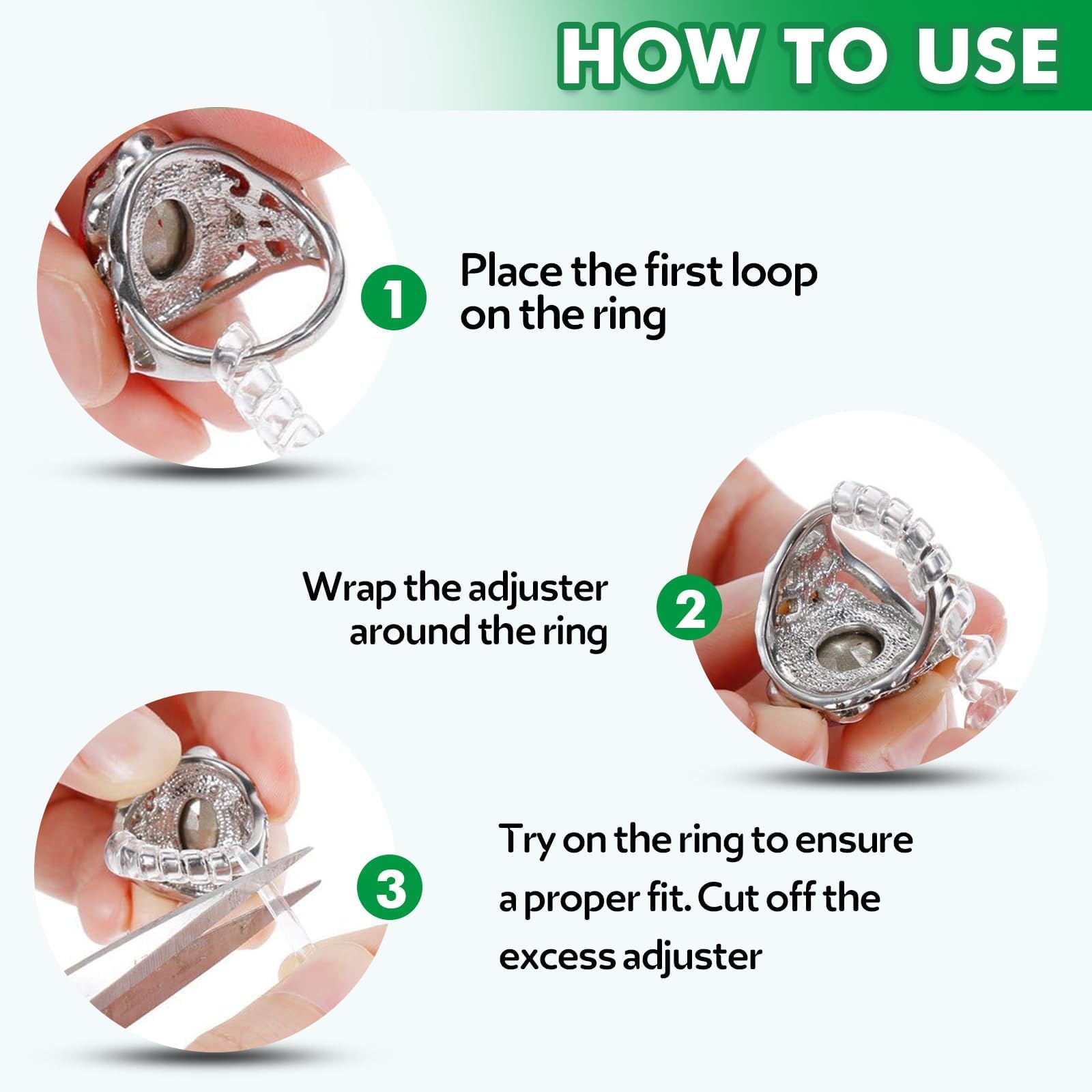 Anpro 15 Pack Ring Size Adjuster - with 3 Sizes Clear Ring Sizer Adjuster for Loose Rings,Spiral Silicone Tightener Set,Invisible Ring Guards(Please See The Below Picture for The Steps)