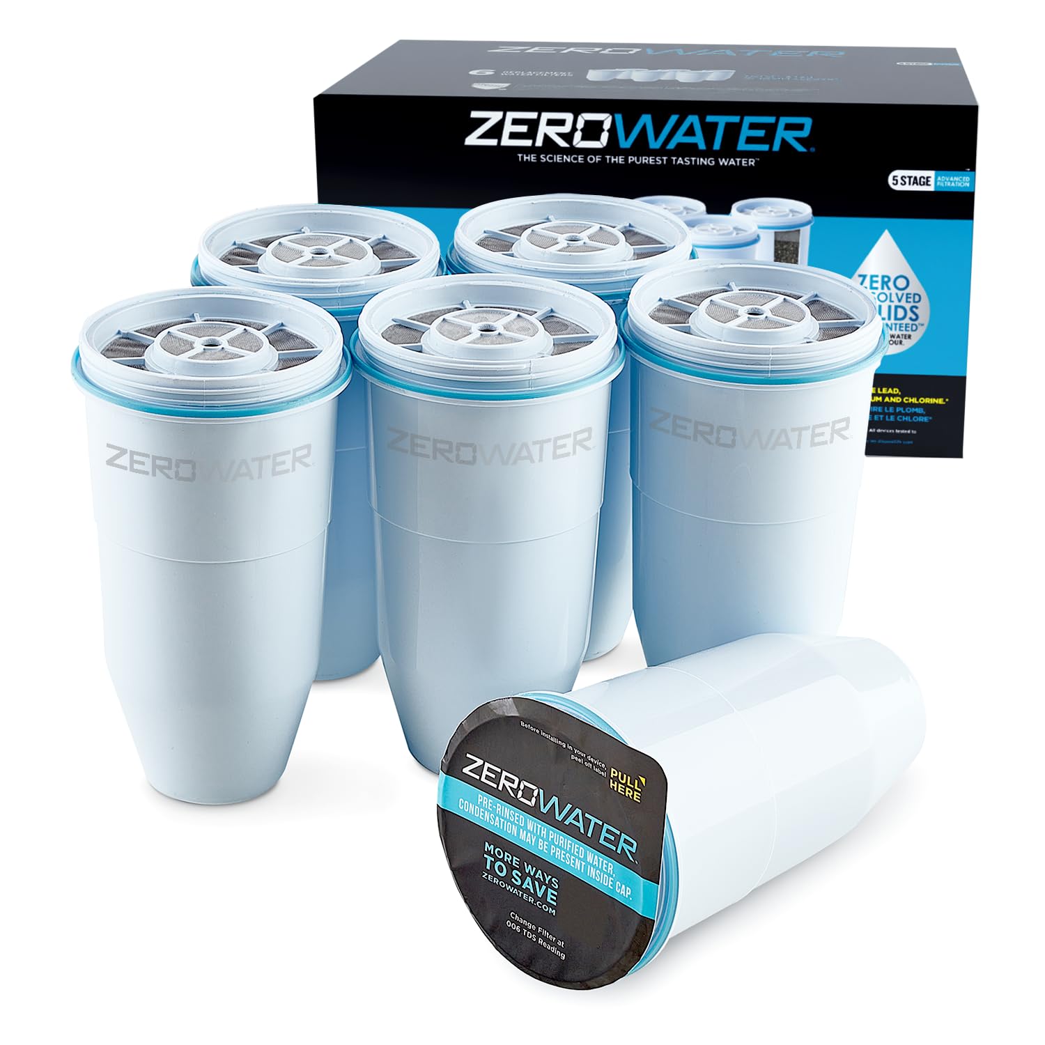 Culligan ZeroWater Official Replacement Filter - 5-Stage 0 TDS Filter Replacement - System IAPMO Certified to Reduce Lead, Chromium, and PFOA/PFOS, 8-Pack