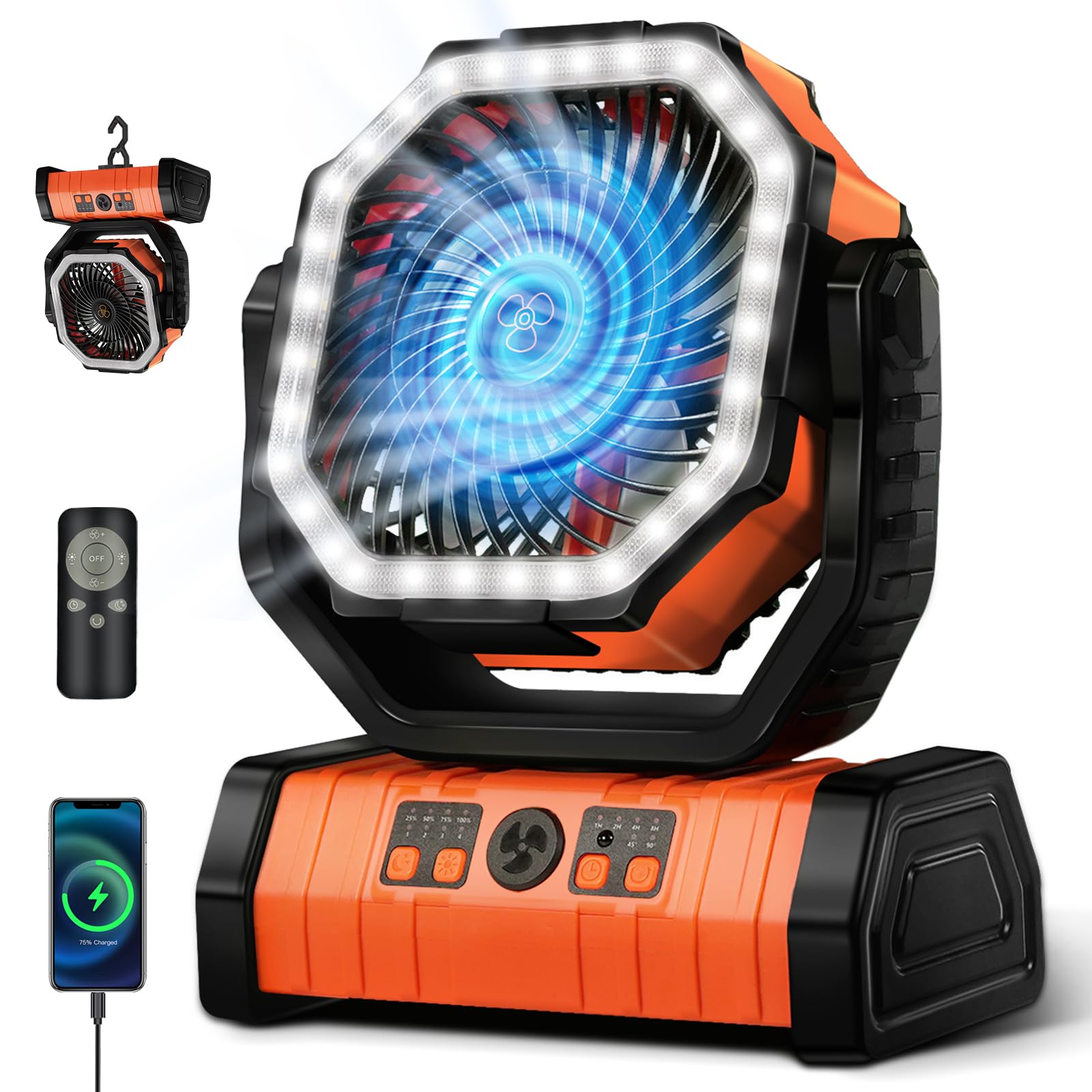YOGIN Akku-Ventilator, 20000mAh Tragbarer Camping-Ventilator mit 360 Grad verstellbarem Kopf, 4 Geschwindigkeiten & LED-Licht, Leiser Outdoor-Ventilator für Zelt, Schreibtisch, Reisen, Heimgebrauch