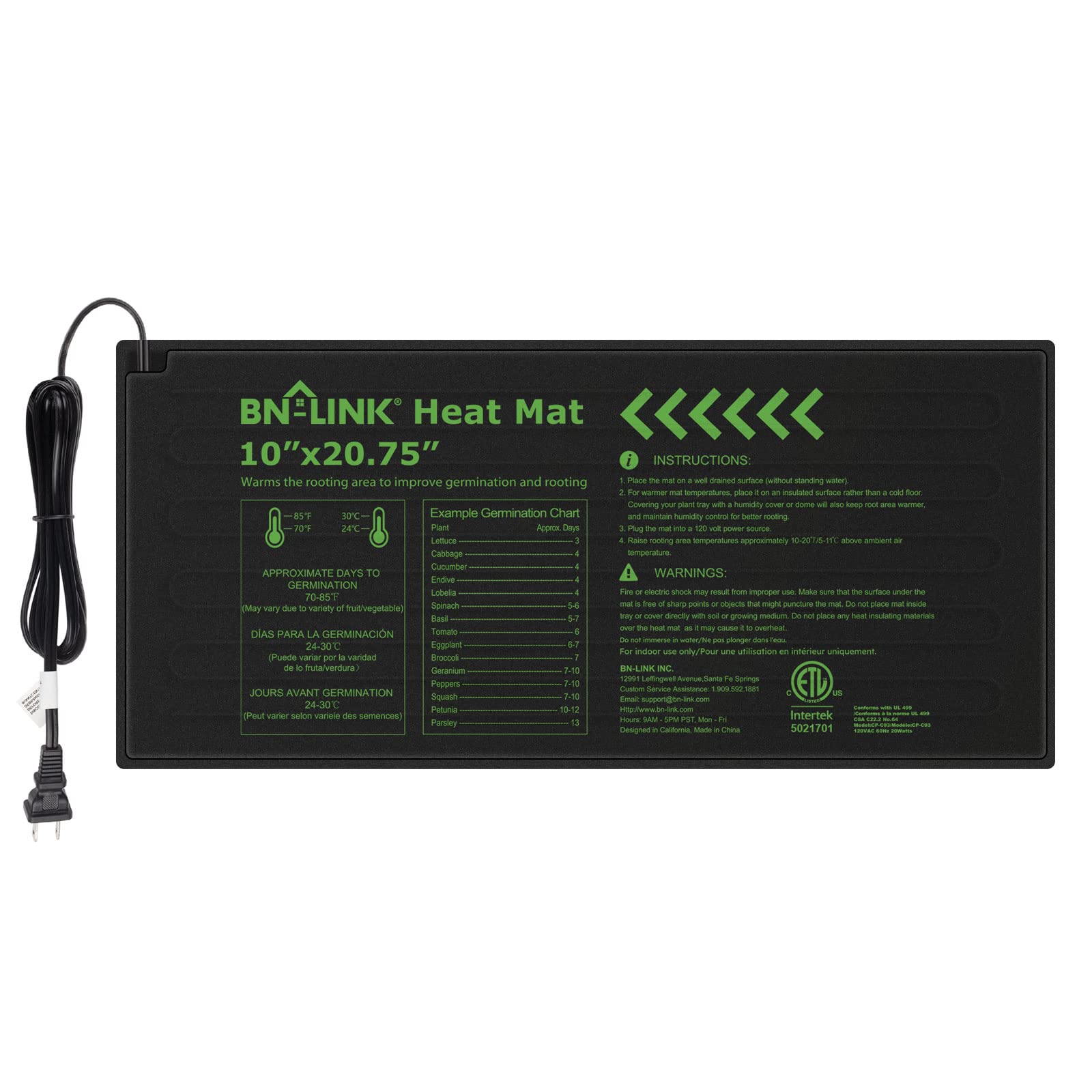 BN-LINK Seedling Heat Mat 10" x 20.75" Warm Hydroponic Heating Pad Waterproof for Seed Starting Greenhouse and Germination