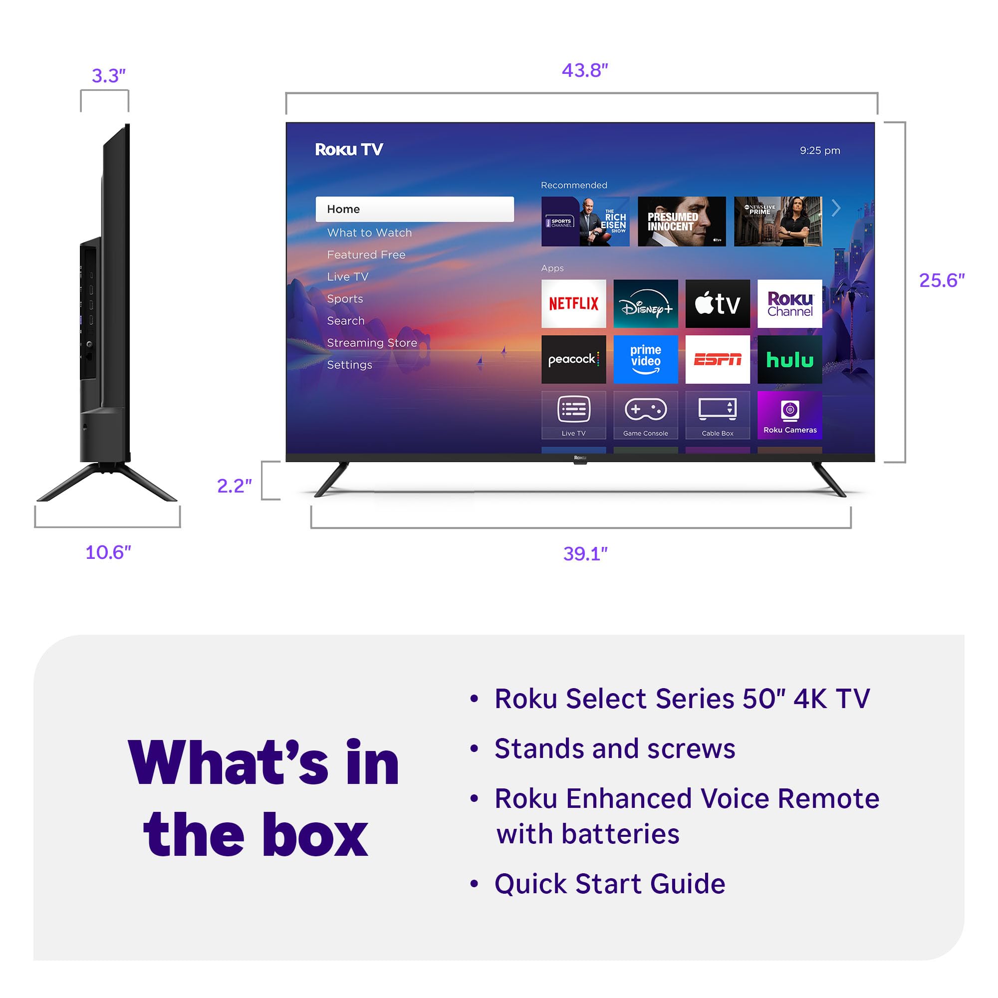Roku Smart TV 2025 – 50-Inch Select Series, 4K HDR TV – RokuTV with Enhanced Voice Remote – Flat Screen LED Television with Wi-Fi for Streaming Live Local News, Sports, Family Entertainment
