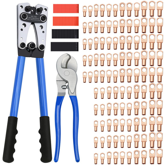 Cable Lug Crimping Tool with 170pcs Copper Wire Lugs, Wire Crimping Tool for AWG 10-1/0 Electrical Lug Crimper, with Cable Cutter, 210pcs Dual Wall Adhesive Heat Shrink Tubing