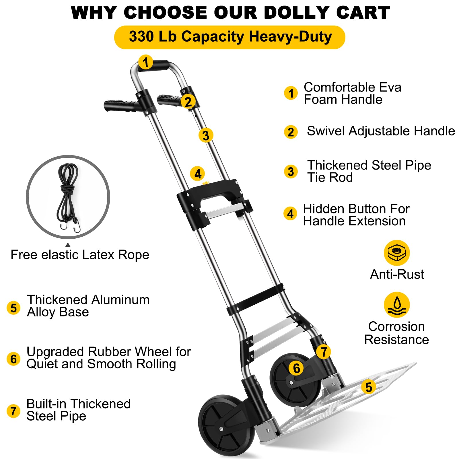 330 LB Capacity Folding Hand Truck Dolly Cart, Portable Aluminum Dolly Cart with Telescoping Handle and Rubber Wheels for Moving,Shopping,Travel,Office Use.