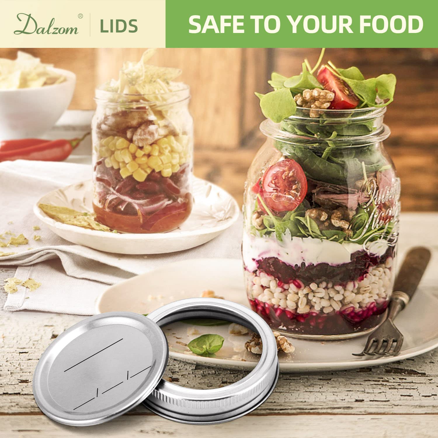 Dalzom® 48Pcs Canning Lids with Rings Regular Mouth, Premium Mason Jar Lids with Bands/Rings for Ball, Kerr Jars - Food Grade Material, 100% Fit & Airtight for Regular Mouth Mason Jars