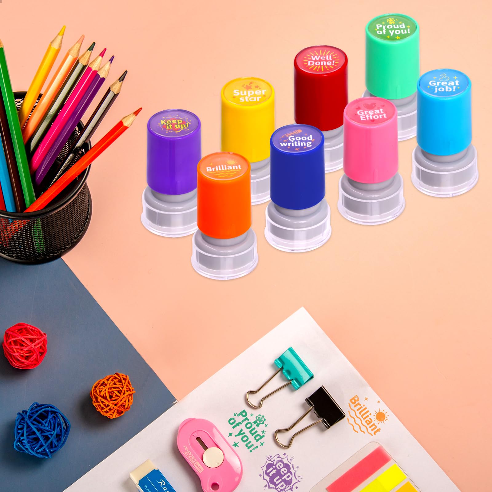 Fancy Land Teacher Stamps Self Inking for Classroom Rubber Stamp for Grading Homework Test Motivation Students Behavior Reward Supplies 8Pcs