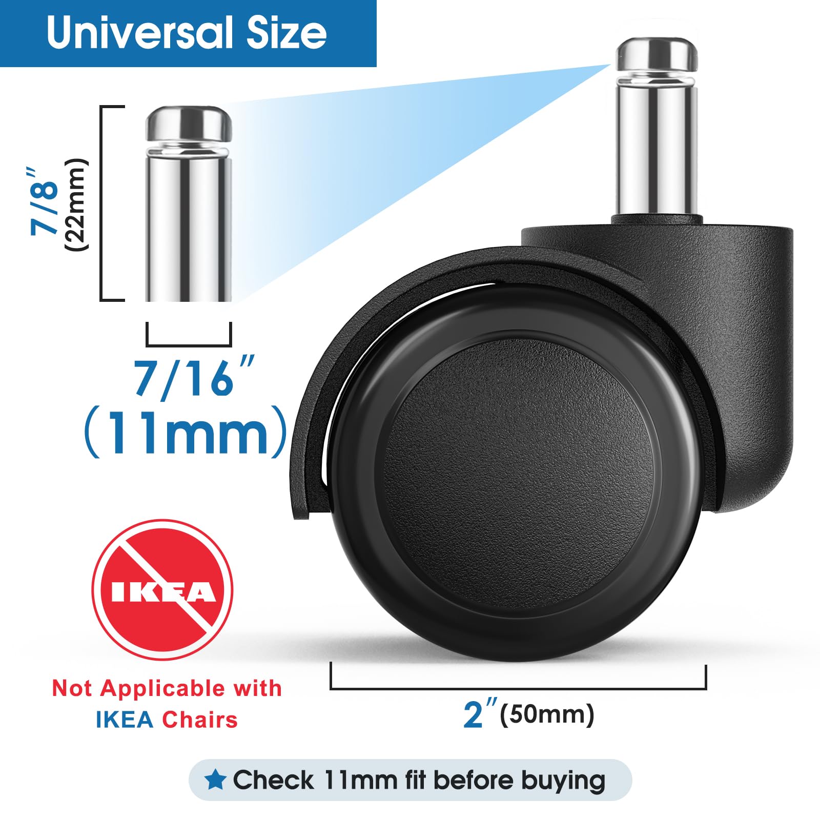 MaxGear 2" Office Chair Wheels Heavy Duty Replacement, Mute Rubber Rotating Desk Chair Caster Wheels, Safe for All Floors Including Hardwood, Universal Standard Stem Size Fits 99%, Set of 5