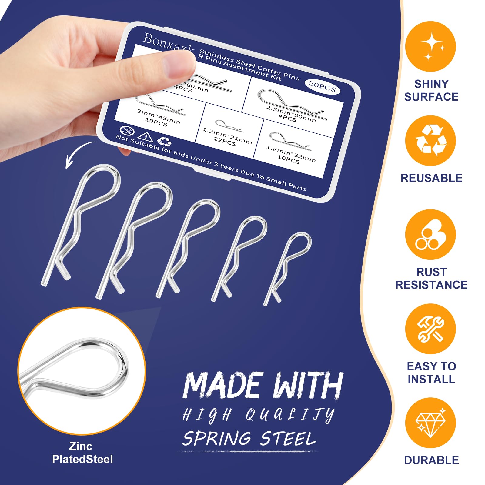 50 Pcs Cotter Pins, Cotter Pin Assortment Kit, Heavy Duty R Clips Hardware Pins, 5 Sizes Spring Fasteners Hitch Pin for Trailer Locking, Trailer Clamps, Lawn Mowers, Trucks, Mechanic's Choice