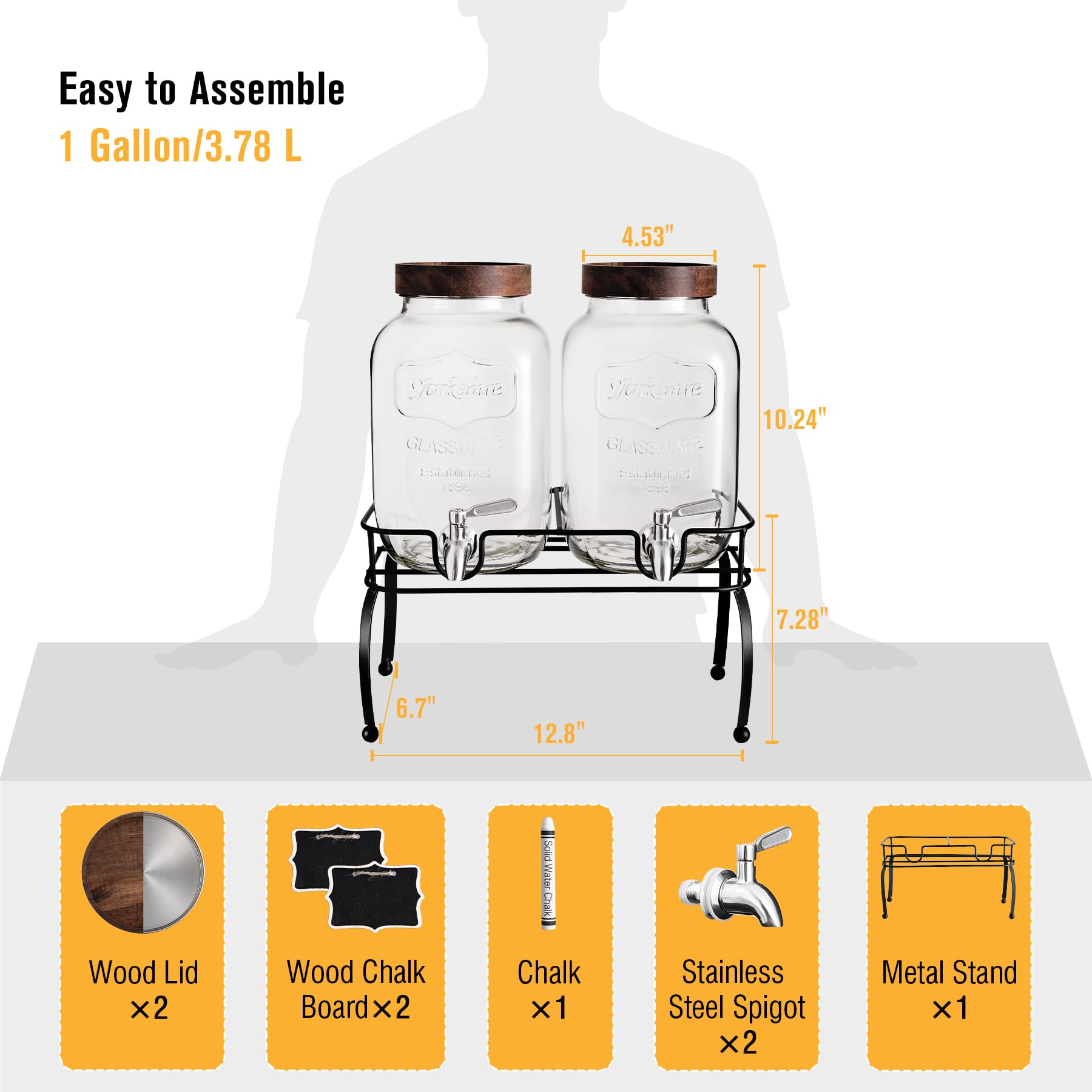 mustry Glass Drink Dispenser for Parties, 1 Gallon Beverage Dispenser with Stand and Spigot Solid Stainless Steel, Used as Lemonade Dispenser Sun Tea Jar Kombucha Jar, Set of 2