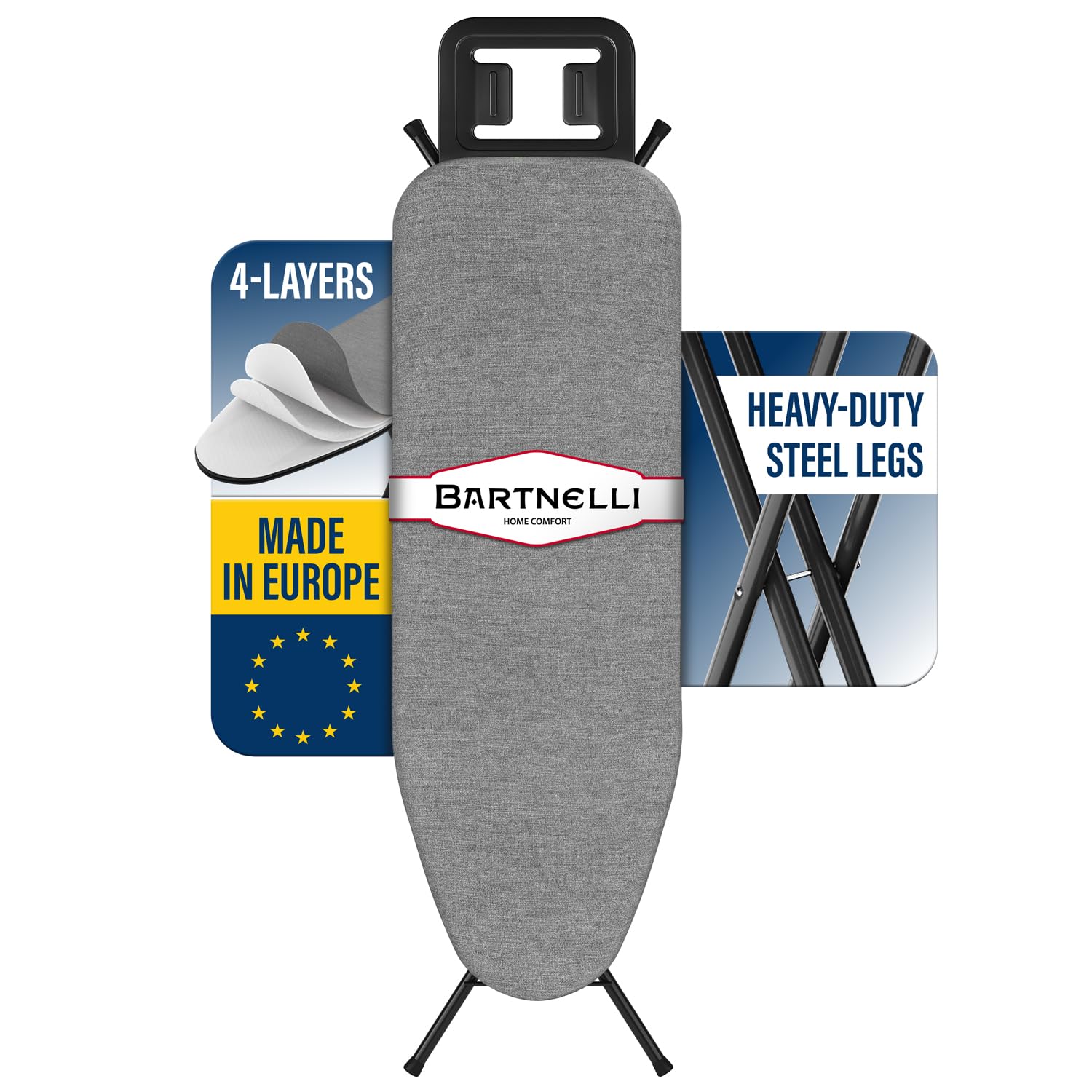 Bartnelli Bügelbrett Made in Europe | Bügelbrett mit 4-lagigem Bezug & Polsterung, höhenverstellbar bis 91 cm, mit Sicherheitsablage für Bügeleisen, 4 Stahlbeinen, für Waschküche oder Studentenwohnheim (109x36 cm)