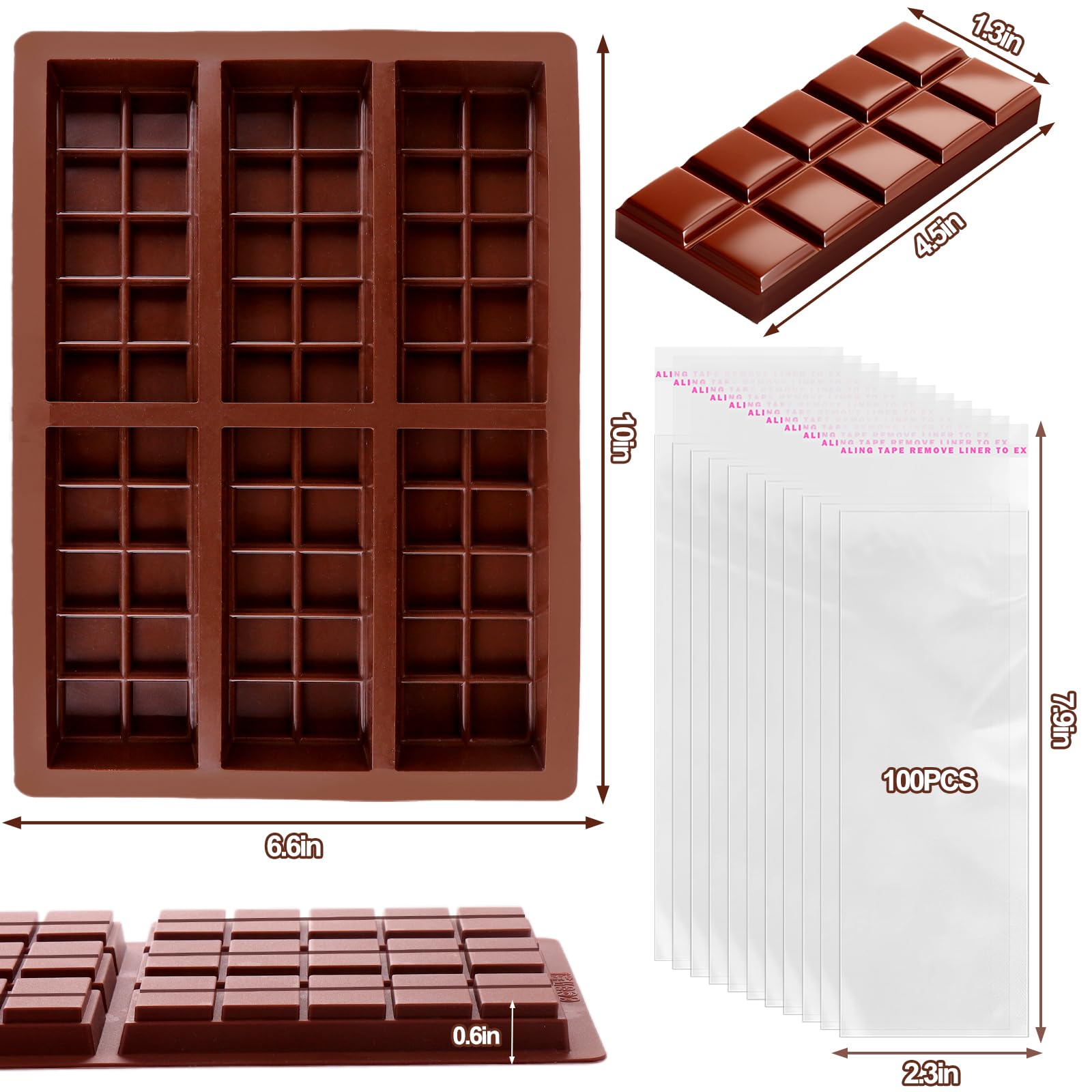 Mity rain Chocolate Bar Mold Deep, Silicone Thick Chocolate Bar Mold for Stuffed Bar, Square Knafeh Pistachio Chocolate Bar Break Apart Candy Bar Molds with 100pcs Storage Bags