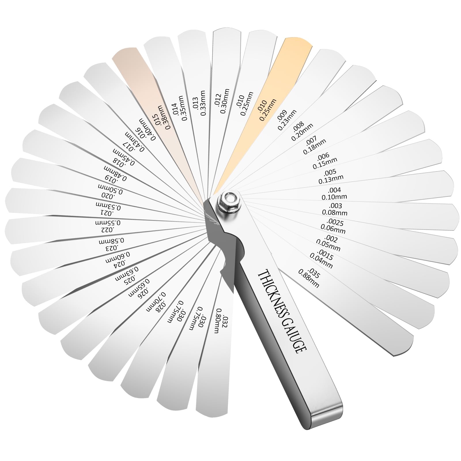 CHERALKEST Feeler Gauge Set Stainless Steel Thickness Gauge 32 Blades 0.04-0.88 mm (0.0015-0.035 Inch) Dual Marked Metric and Imperial Measuring Tools for Measuring Gap Widths and Thicknesses