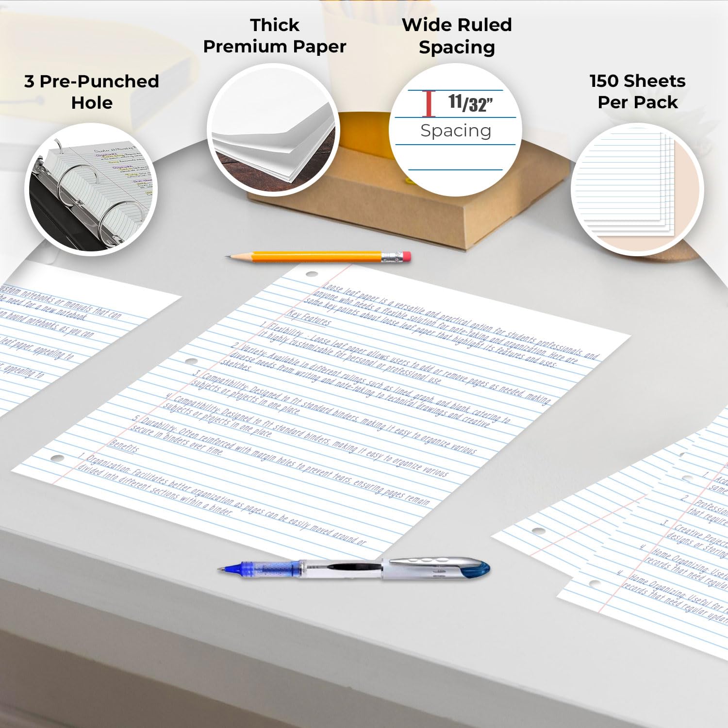 Rosmonde Loose Leaf Paper, 450 Sheets, 3 Pack, 56 gsm Wide Ruled Sheets, 8" x 10.5", Bulk Notebook Paper, 3 Hole Punched, 150 Sheets/Pack, Wide Ruled Paper for Binders, Loose Leaf Office Paper, White