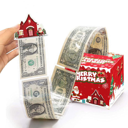 JOYJOM Christmas Money Box for Cash Gift Pull, Money Gift Boxes for Cash with Pull Out Surprise Merry Christmas Box Holder with 50Pcs Transparent Bags for Women Men Girls Boys Mom Dad Friend