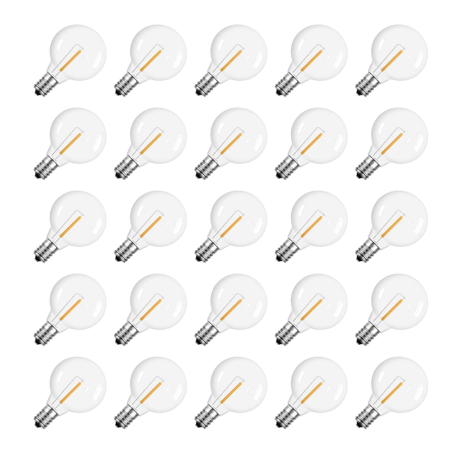 Meconard G40 1.57 Inch Led Replacement Light Bulbs, E12 Screw Base Shatterproof LED Small Globe Light Bulbs for Outdoor String Lights, 1Watt Equvalent to 5 Watt Incandescent Bulbs, Warm White, 25Pack