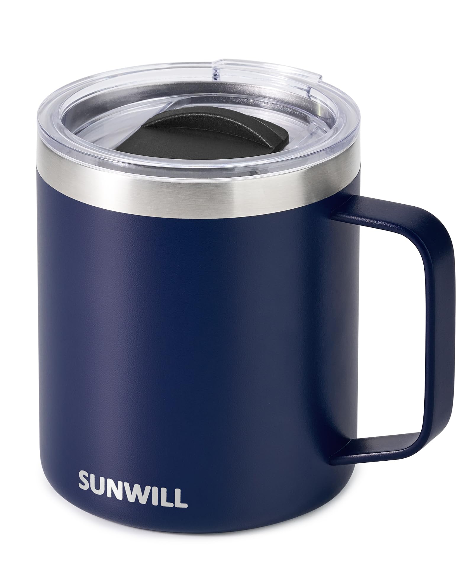 SUNWILL Insulated Coffee Mug with Lid, Travel Tumbler with Handle, 14oz Stainless Steel Cup for Camping, Office, Home, Powder Coated Navy Blue