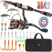 PLUSINNO Fishing Rod and Reel Combos -24 Ton Carbon Fiber Telescopic Fishing Pole - Spinning Reel 12 +1 Shielded Bearings Stainless Steel BB-Free Carrier Bag Case, Travel Saltwater Freshwater Fishing