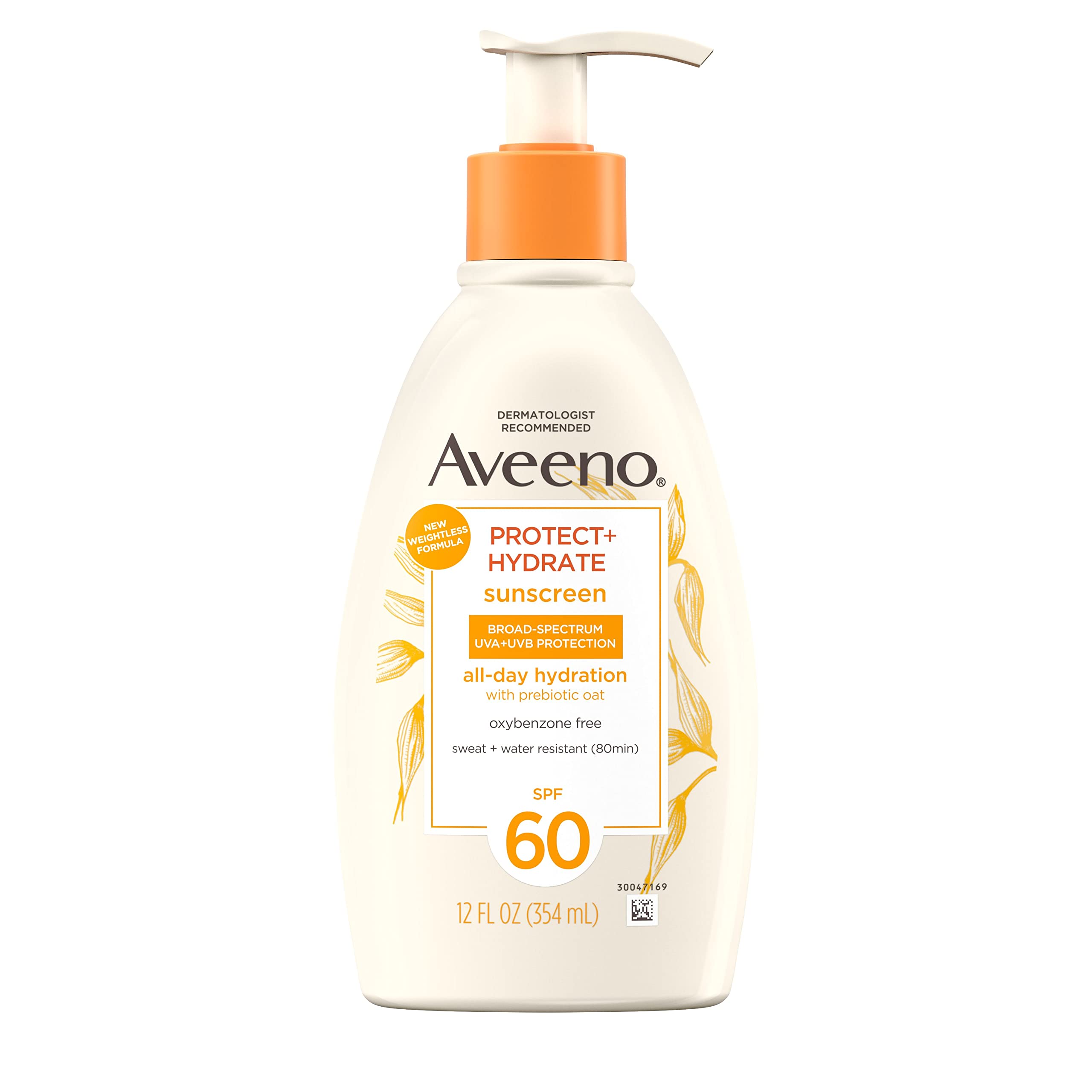 Aveeno Protect + Hydrate Sunscreen Moisturizing Body Lotion with Broad Spectrum SPF 60 and Prebiotic Oat, Weightless, Paraben, Oxybenzone, and Oil Free Sunscreen, 12 FL OZ