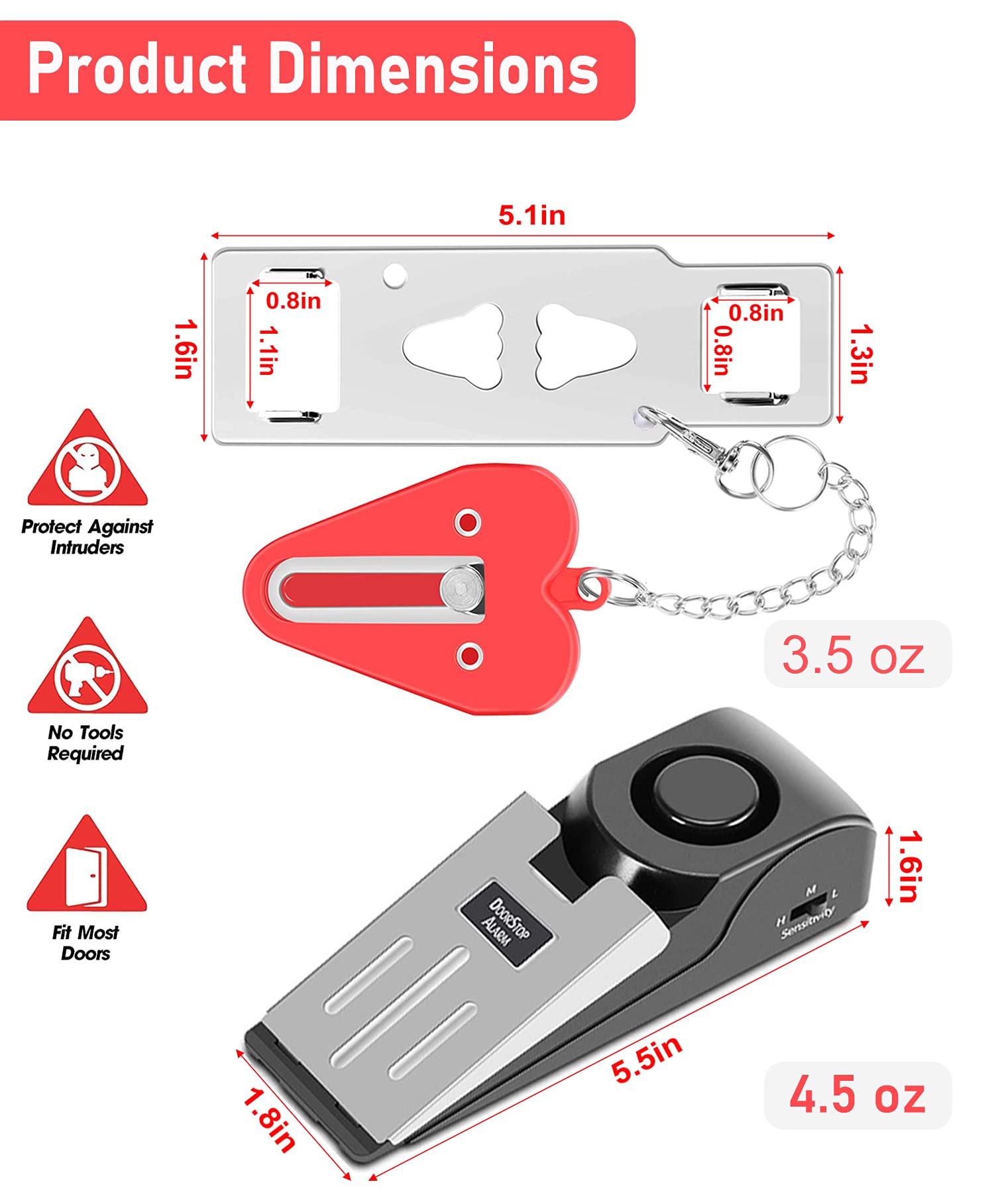 MBBEST Portable Door Lock & Door Stop Alarm,Dual Protection Security Devices Pocket Door Stopper Self Defensey Tools for Hotel Travel Home Apartment House, Red/Black