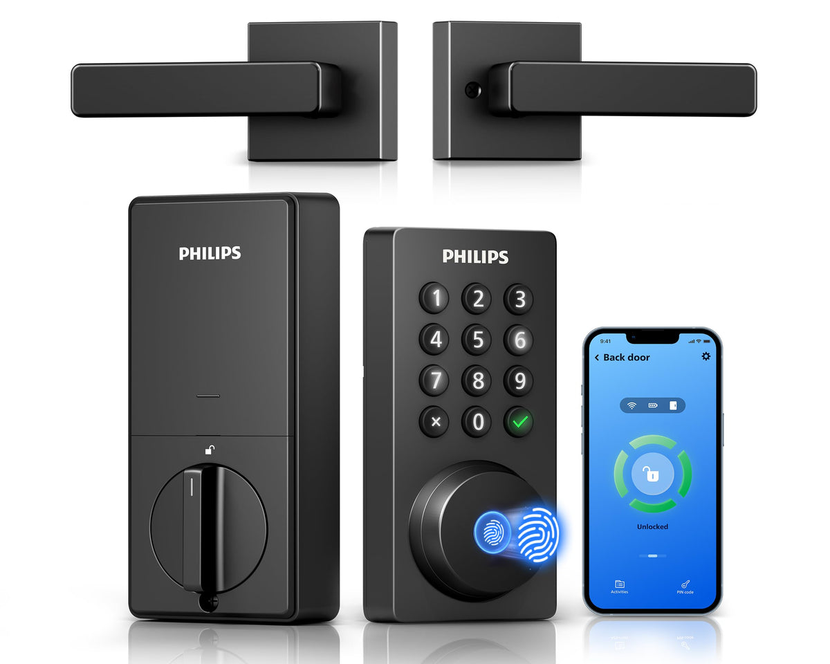 Philips WLAN-Riegelschloss mit Griff, APP-/Sprach-/Fingerabdruck-/Passcode-/Schlüssel-Entriegelung, Smart Locks für die Haustür mit Griffset, Riegelschloss mit beleuchteter Tastatur, schlüsselloser Zugang, Fernbedienung, Auto-Lock