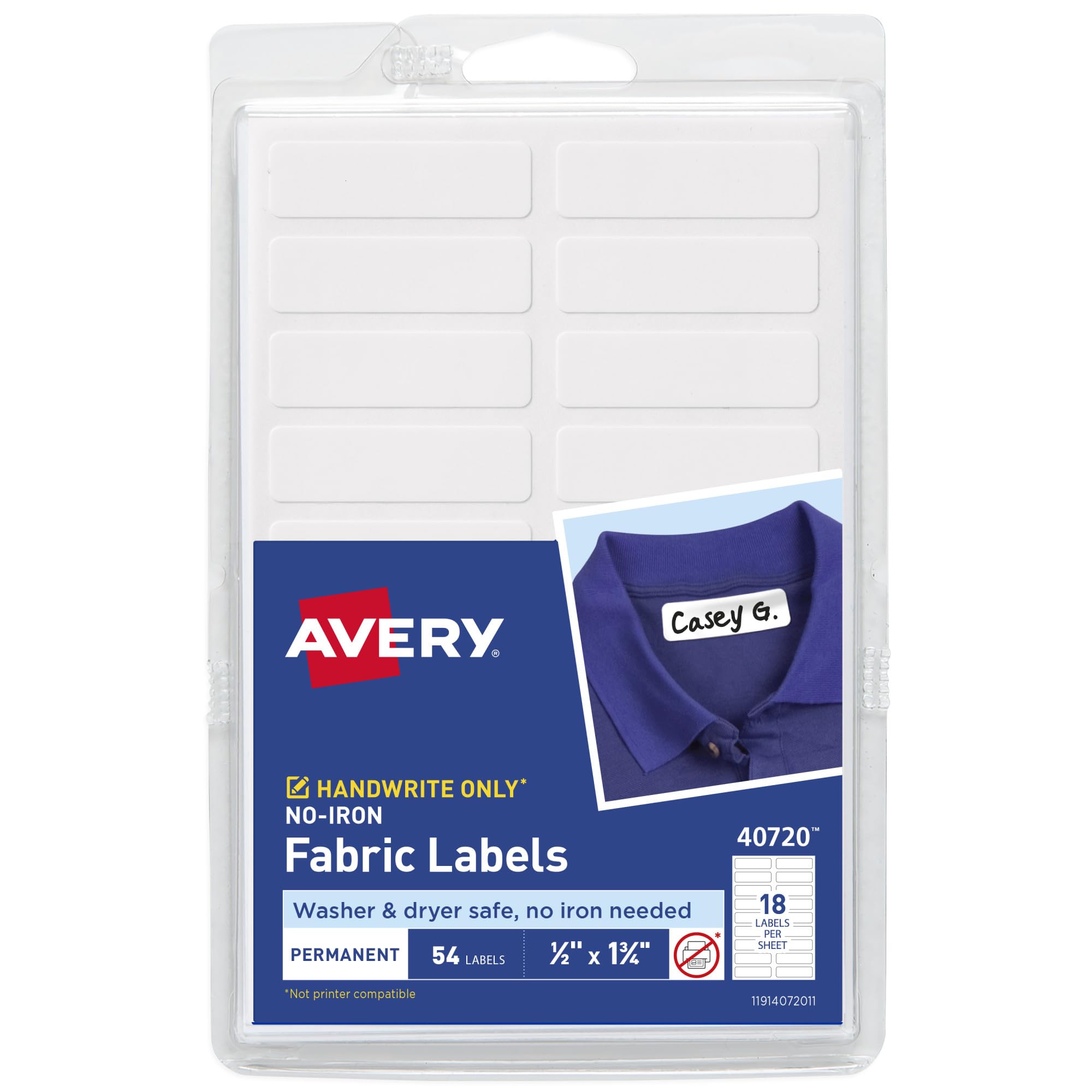 Avery Bügelfreie Stoffetiketten, 12,7 mm x 44,45 mm, Waschmaschinen- und trocknergeeignete wasserdichte Etiketten, nicht bedruckbar, insgesamt 54 Stück (40720)
