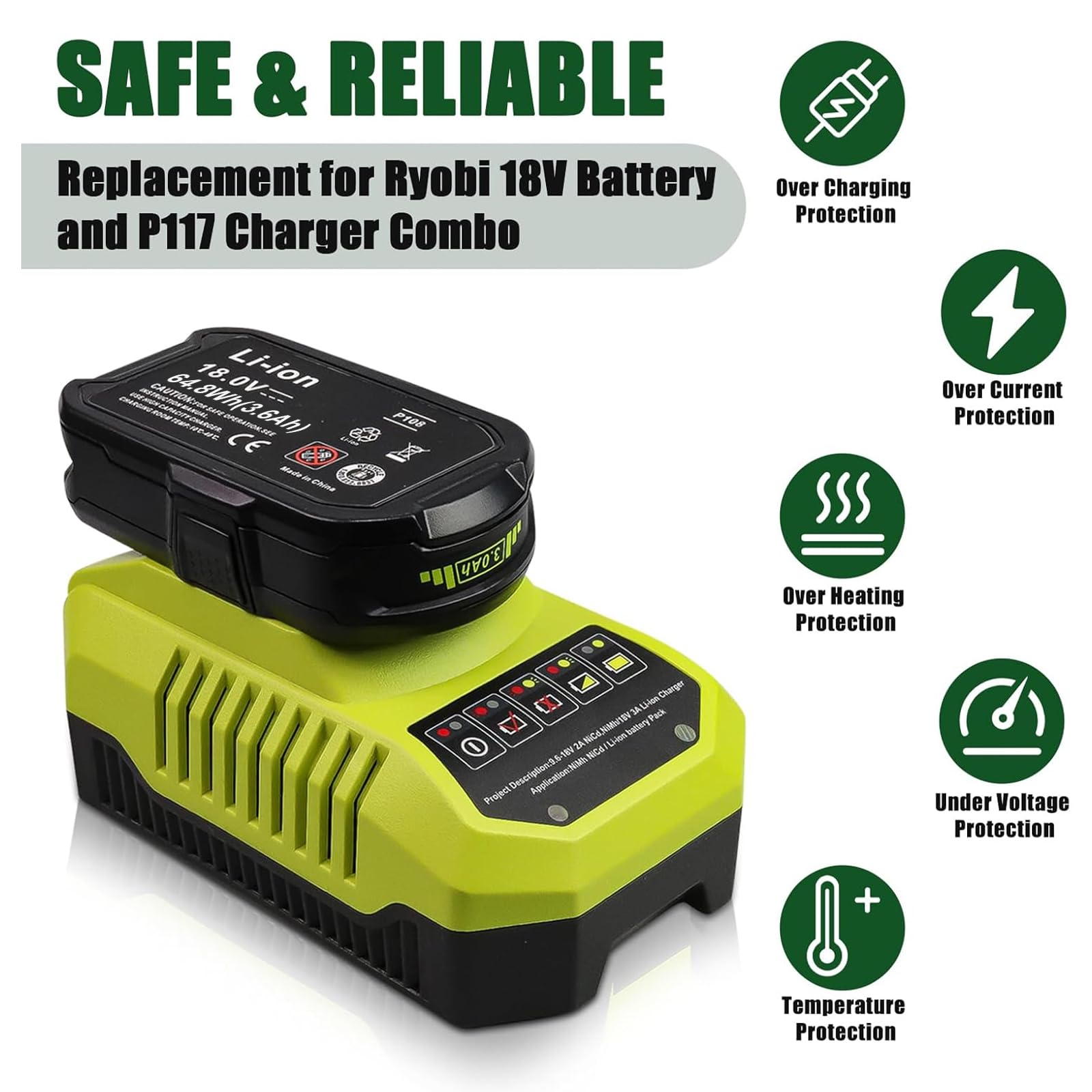 2Pack P108 P102 3.6Ah Replacement for Ryobi 18V Battery and P117 Charger Combo Compatible with Ryobi 18 Volt Battery P103 P104 P105 P107 P109 P190 P191 P122 Cordless Tool