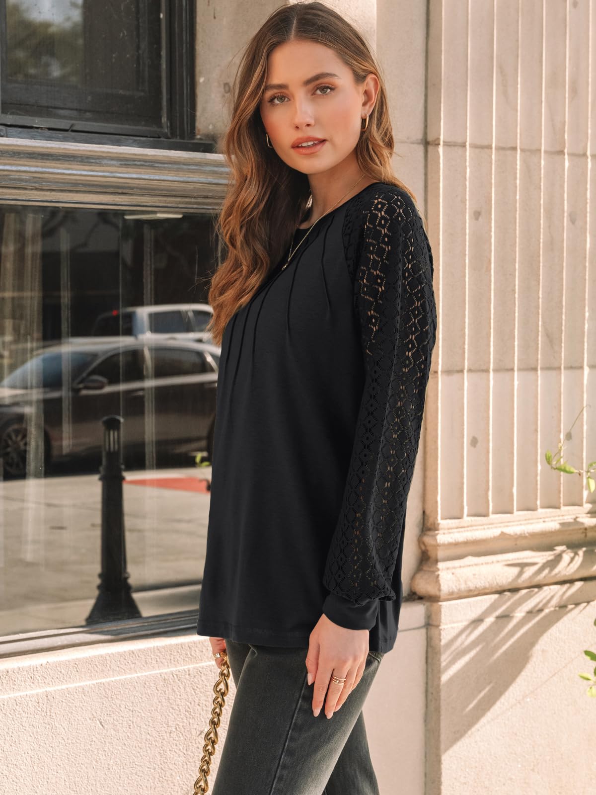 AUTOMET Womens Long Sleeve Shirts Lace Tops Business Casual Blouses 2025 Fall Fashion Teacher Outfits Trendy Clothes Knit T Y2k Ladies Dressy Work Professional Clothing Black M