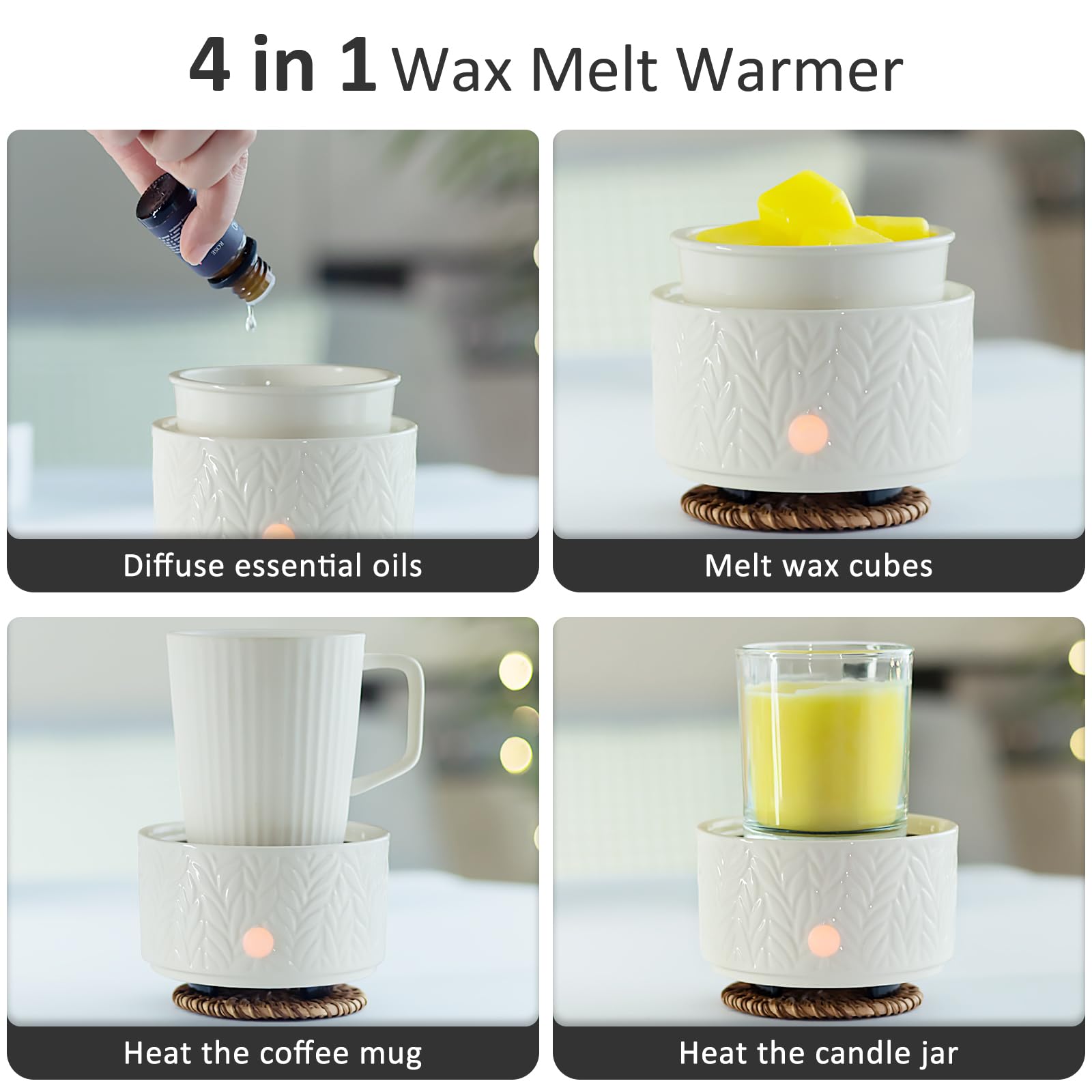 EQUSUPRO Wax Melt Warmer for Scented Wax Melts 3-in-1 Electric Ceramic Candle Wax Warmer Burner Fragrance Wax Melter for Home Office Bedroom Gift & Decor (Leaf)