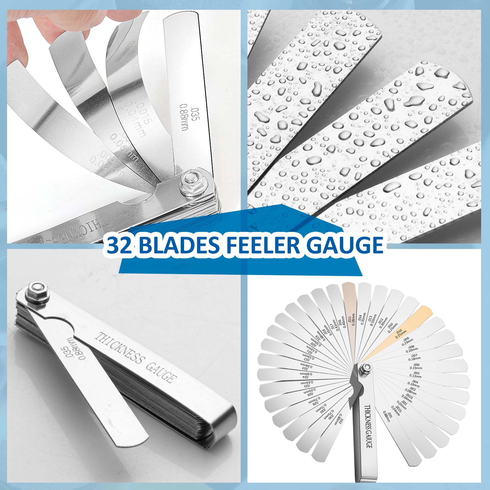 CHERALKEST Feeler Gauge Set Stainless Steel Thickness Gauge 32 Blades 0.04-0.88 mm (0.0015-0.035 Inch) Dual Marked Metric and Imperial Measuring Tools for Measuring Gap Widths and Thicknesses