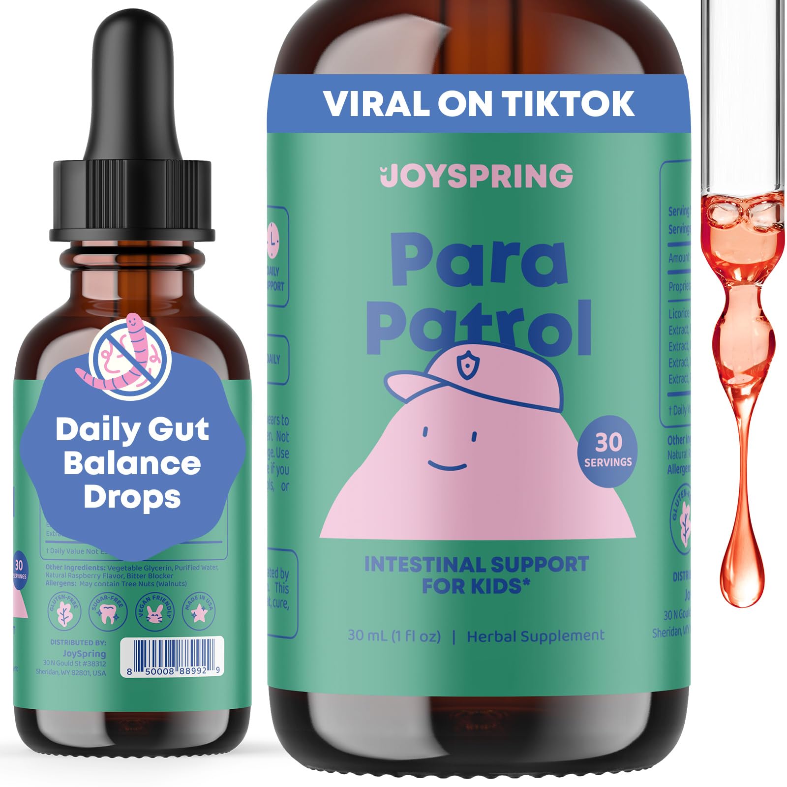 JoySpring ParaPatrol Kids’ Herbal Blend – Alcohol-Free Liquid Supplement with Black Walnut and Wormwood Extract | Supports Digestive Health | Natural Raspberry Flavor – 30 Servings