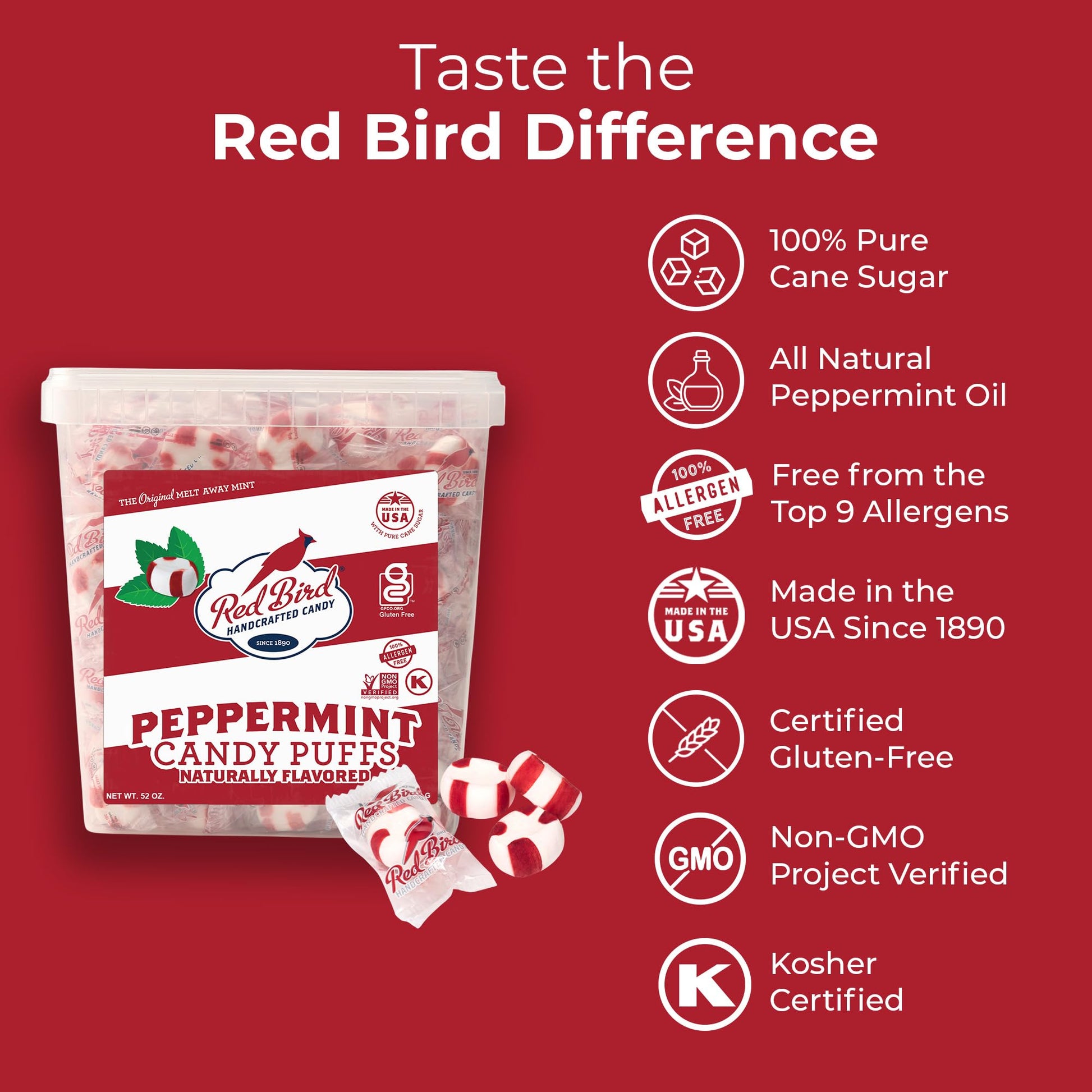 Red Bird Soft Peppermint Candy, Individually Wrapped, Gluten Free Breath Mints, 52 oz Tub