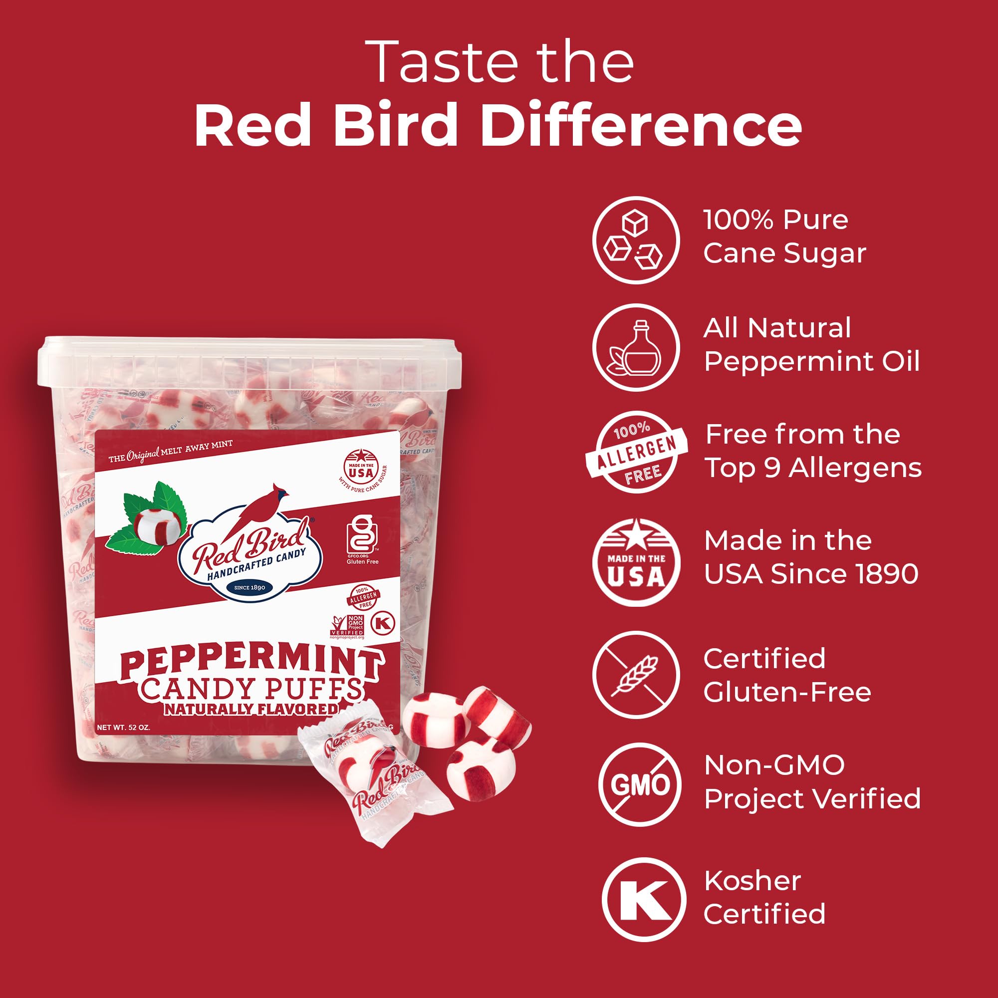 Red Bird Soft Peppermint Candy, Individually Wrapped, Gluten Free Breath Mints, 52 oz Tub