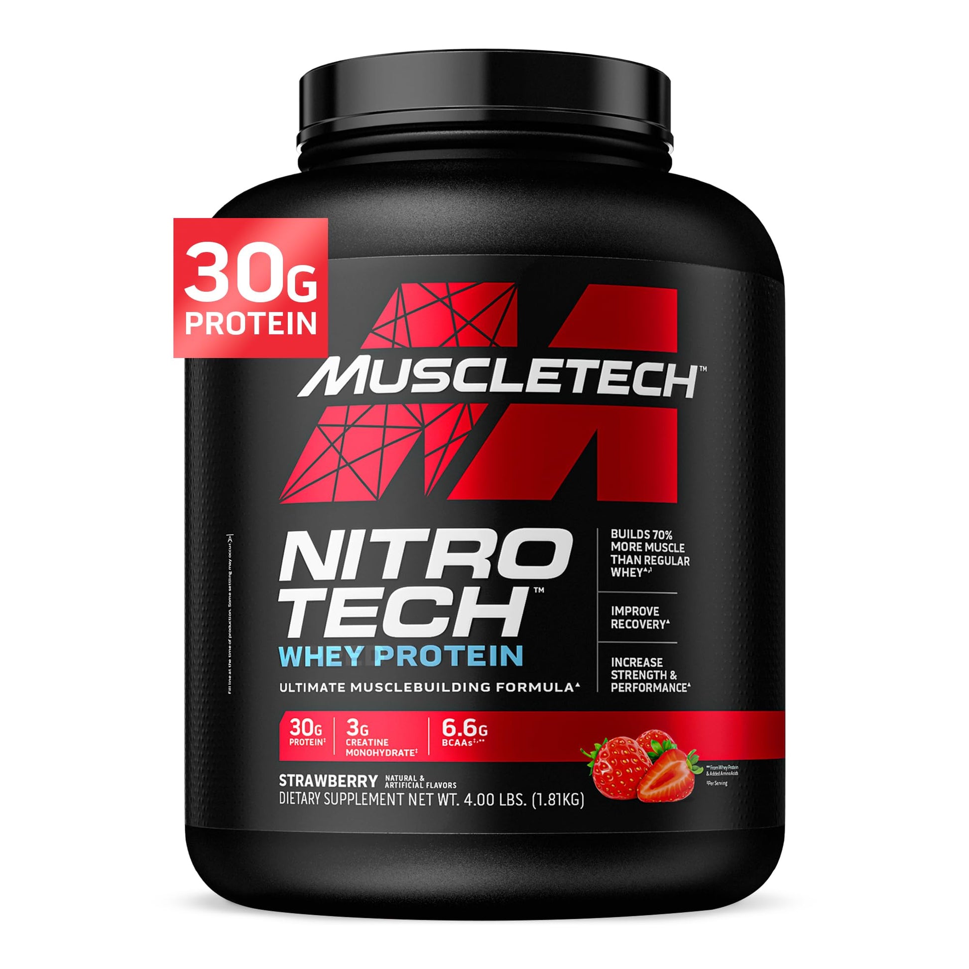 Muscletech Whey Protein Powder (Vanilla Cream, 4 Pound) - Nitro-Tech Muscle Building Formula with Whey Protein Isolate & Peptides - 30g of Protein, 3g of Creatine & 6.6g of BCAA