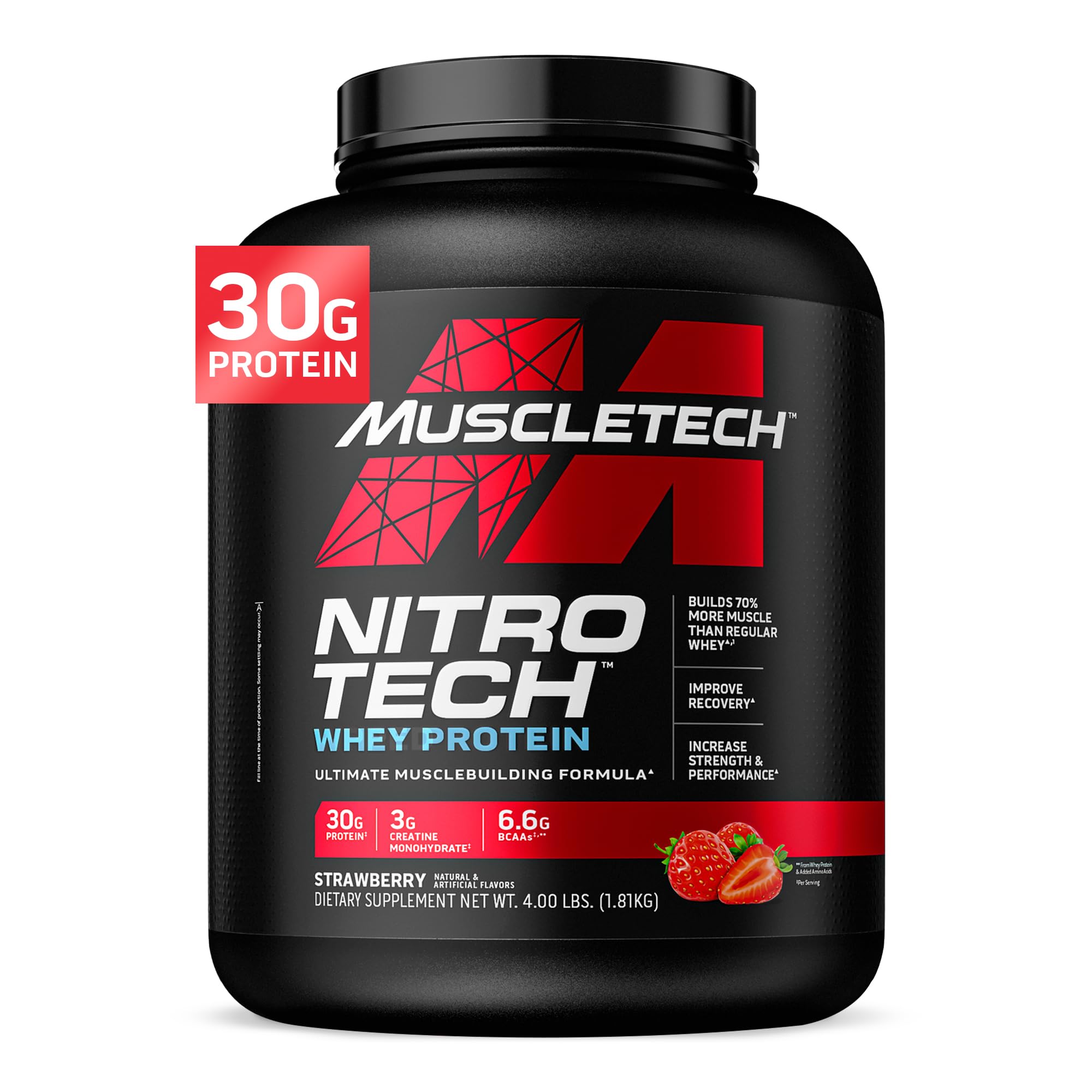 Muscletech Whey Protein Powder (Vanilla Cream, 4 Pound) - Nitro-Tech Muscle Building Formula with Whey Protein Isolate & Peptides - 30g of Protein, 3g of Creatine & 6.6g of BCAA